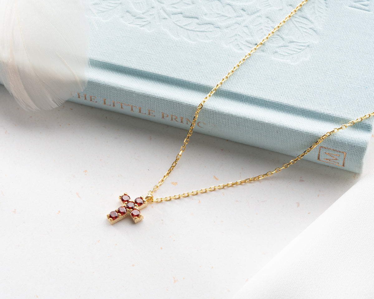 Delicate Pave Birthstone Cross Necklace