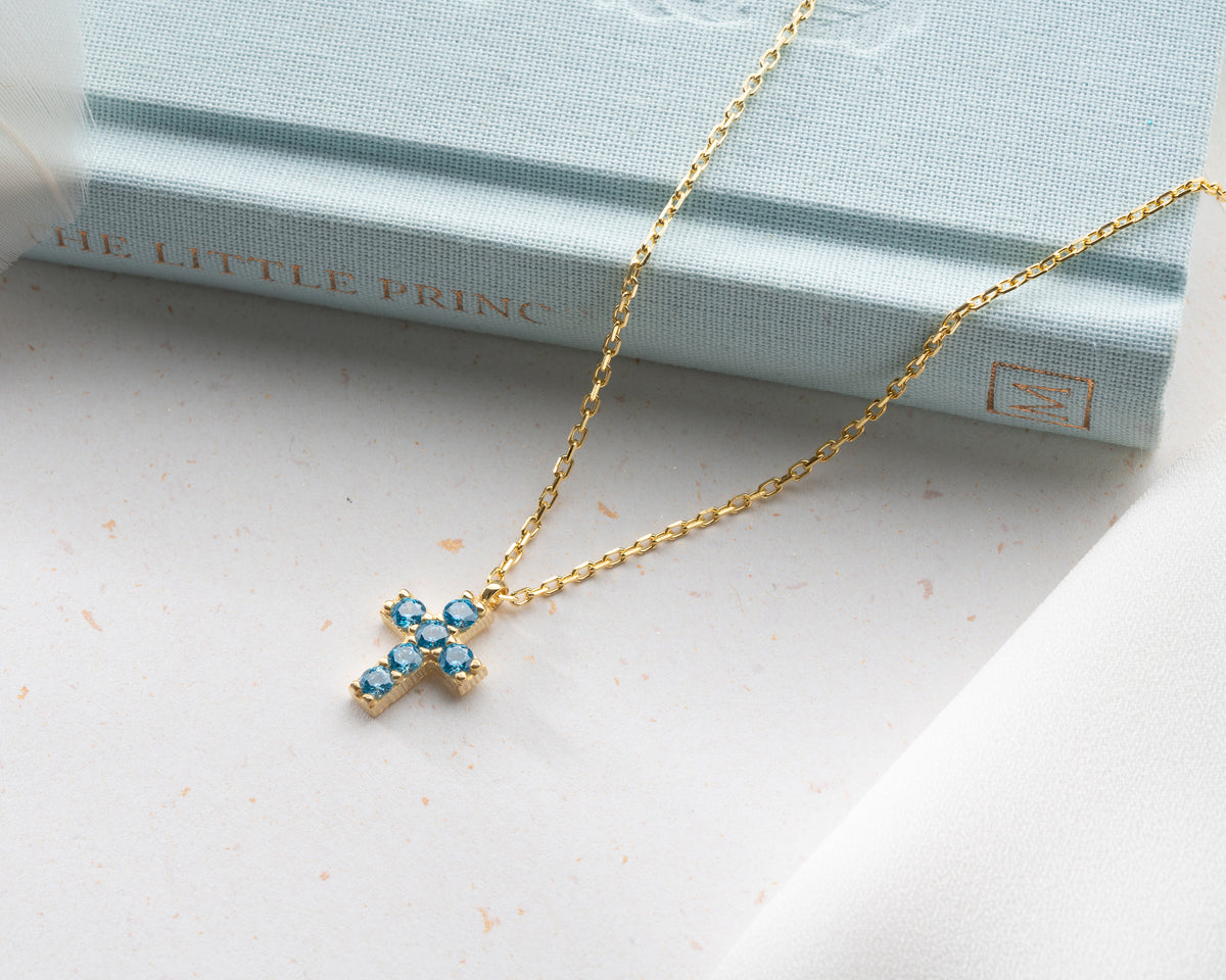Delicate Pave Birthstone Cross Necklace