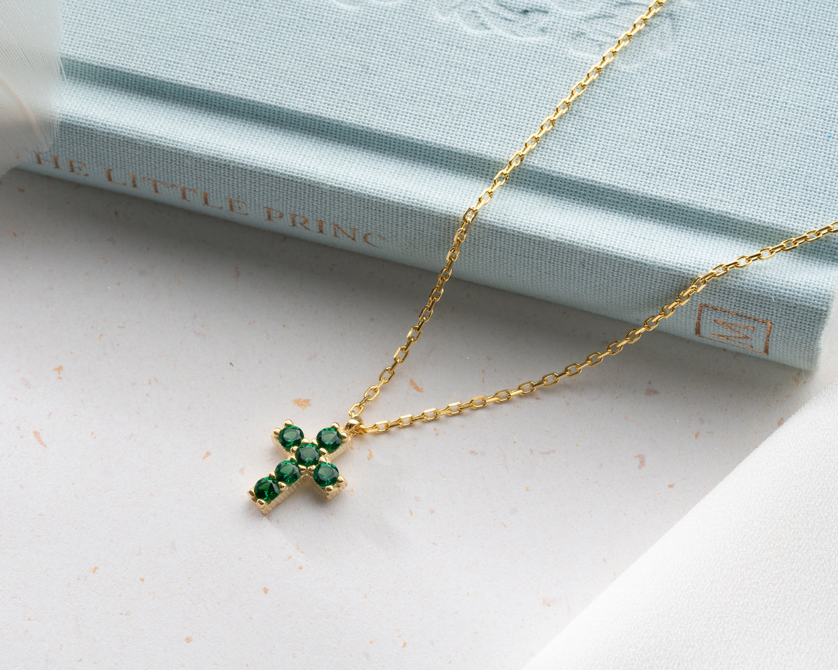 Delicate Pave Birthstone Cross Necklace