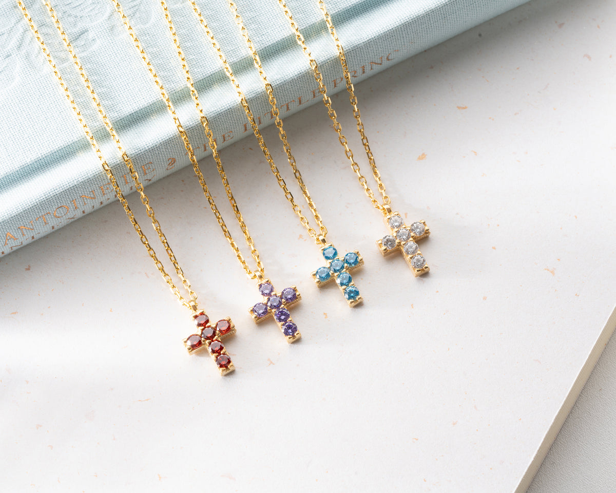 Delicate Pave Birthstone Cross Necklace