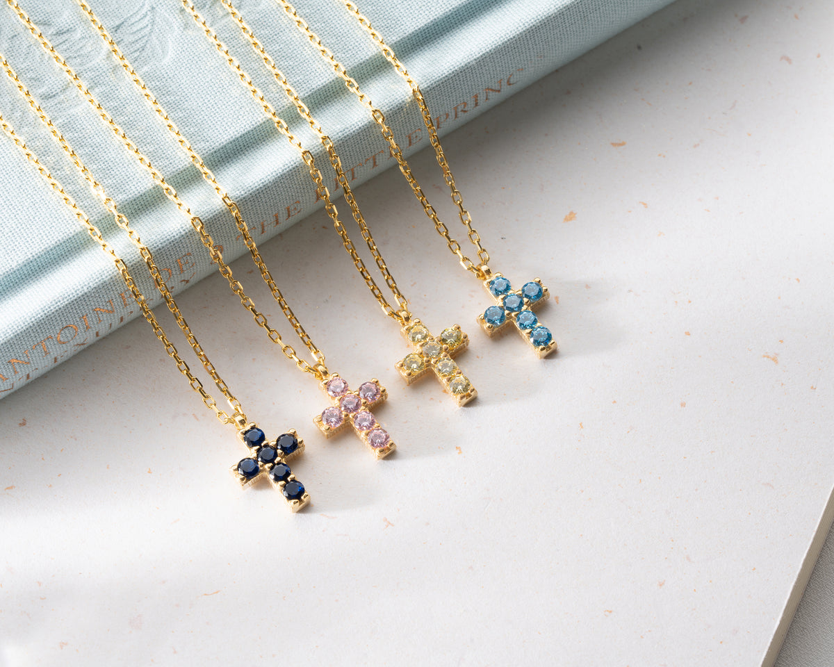 Delicate Pave Birthstone Cross Necklace