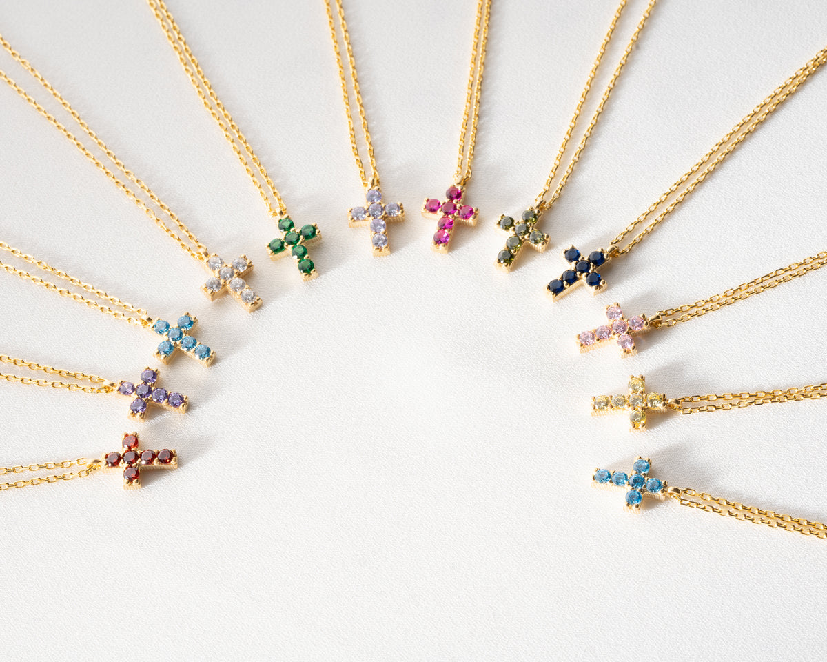 Delicate Pave Birthstone Cross Necklace