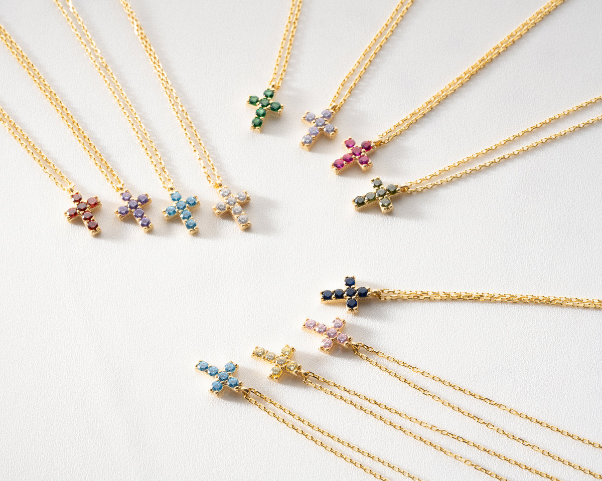 Delicate Pave Birthstone Cross Necklace