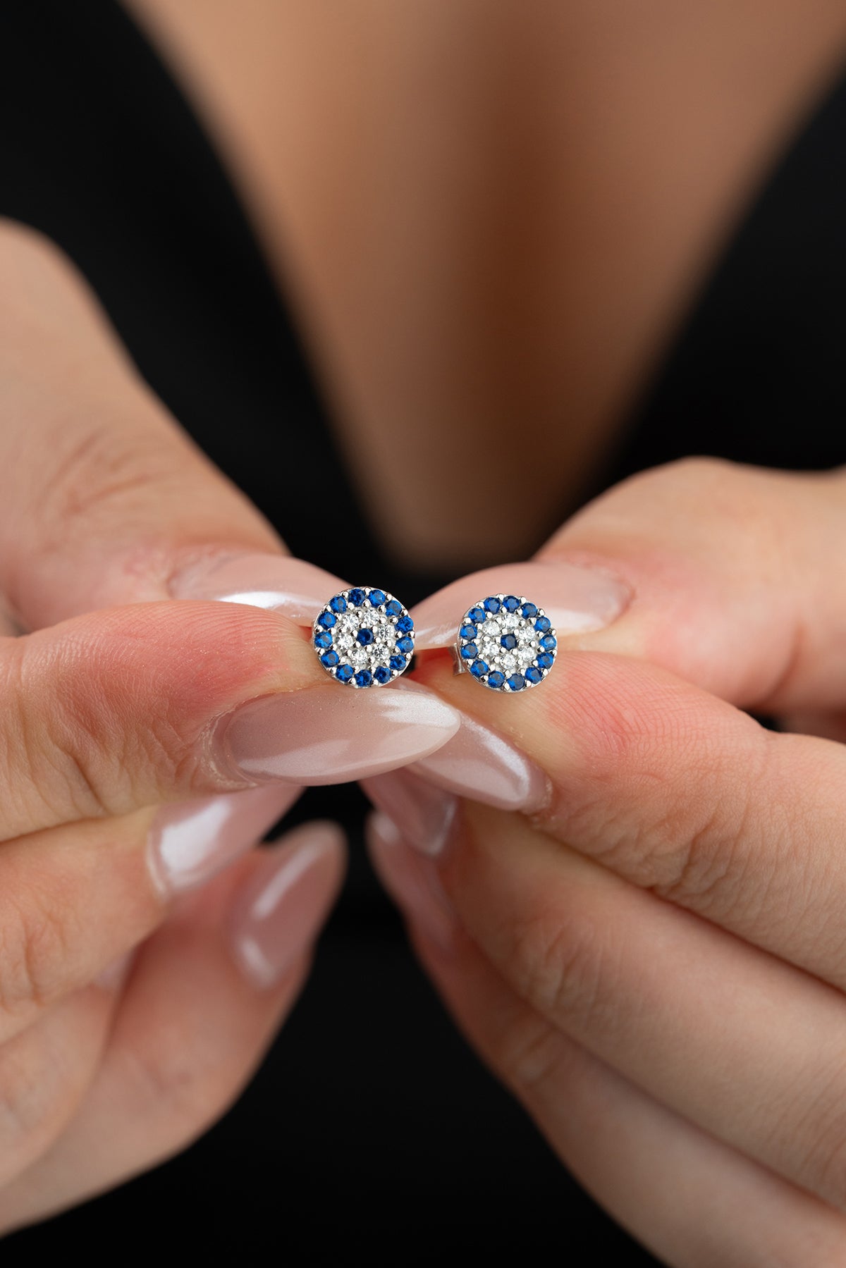 Pave Evil Eye Stud Earrings Silver