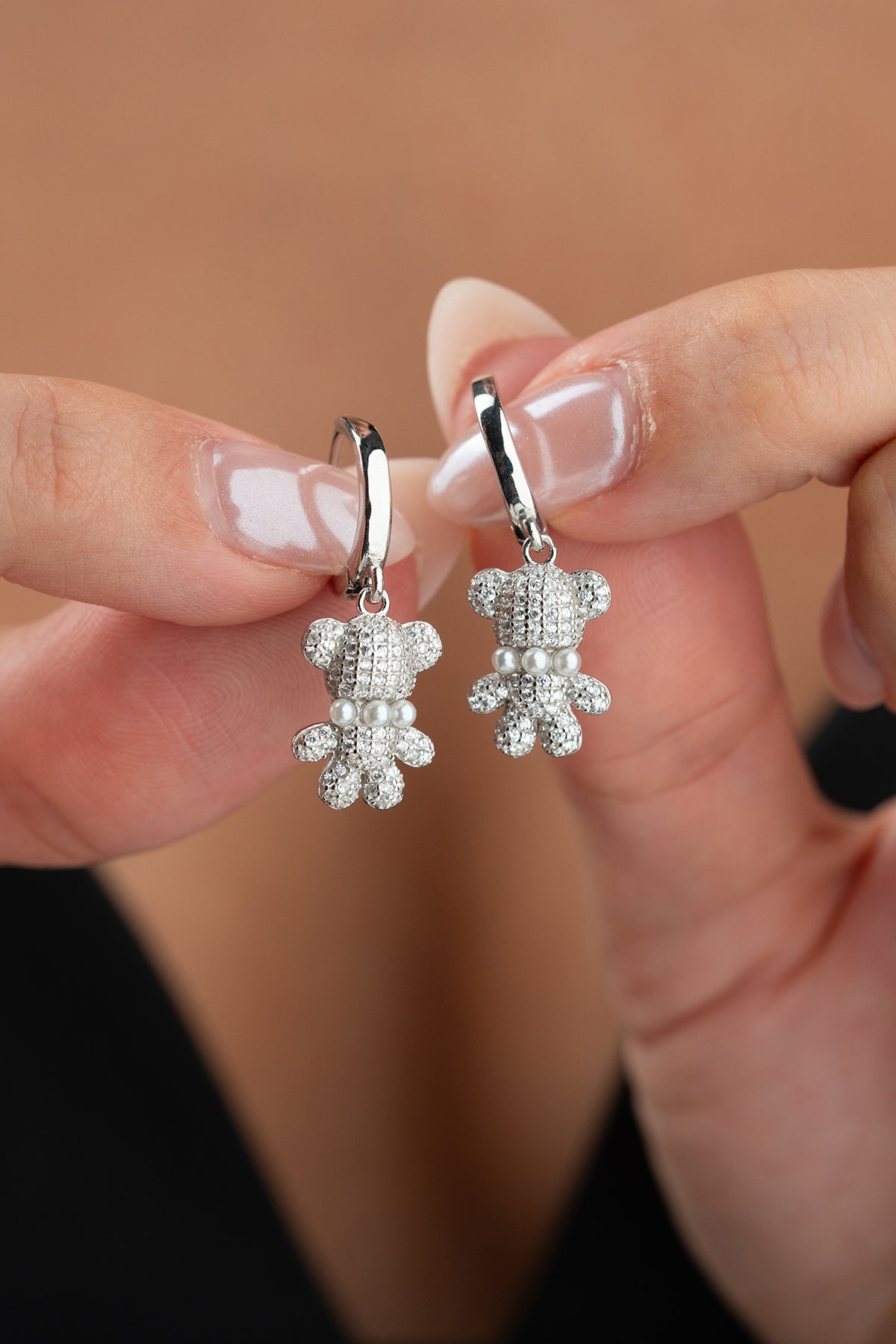 Pave Teddy Bear Charm Hoop Earrings
