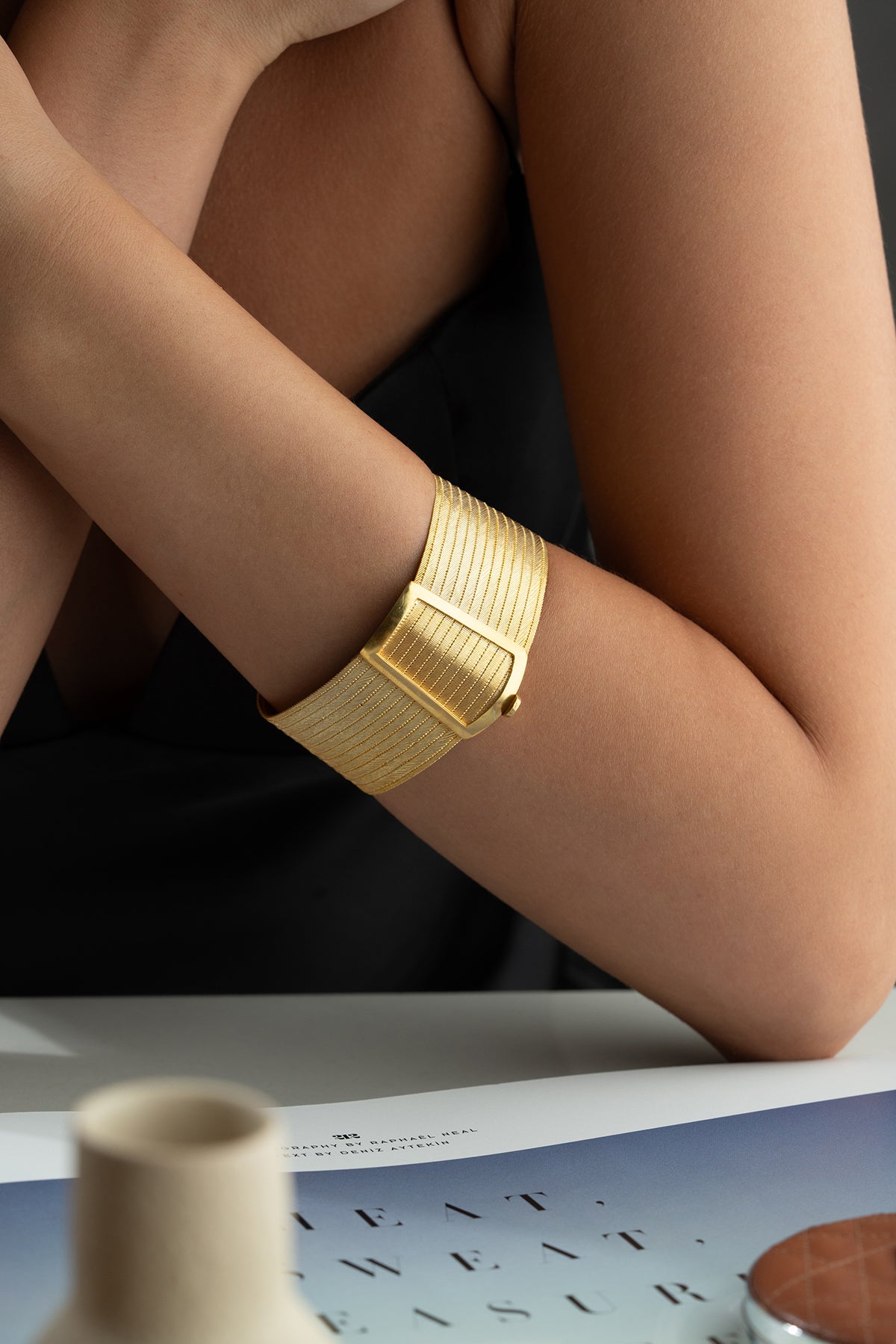Woven Mesh Buckle Cuff Bracelet in Gold