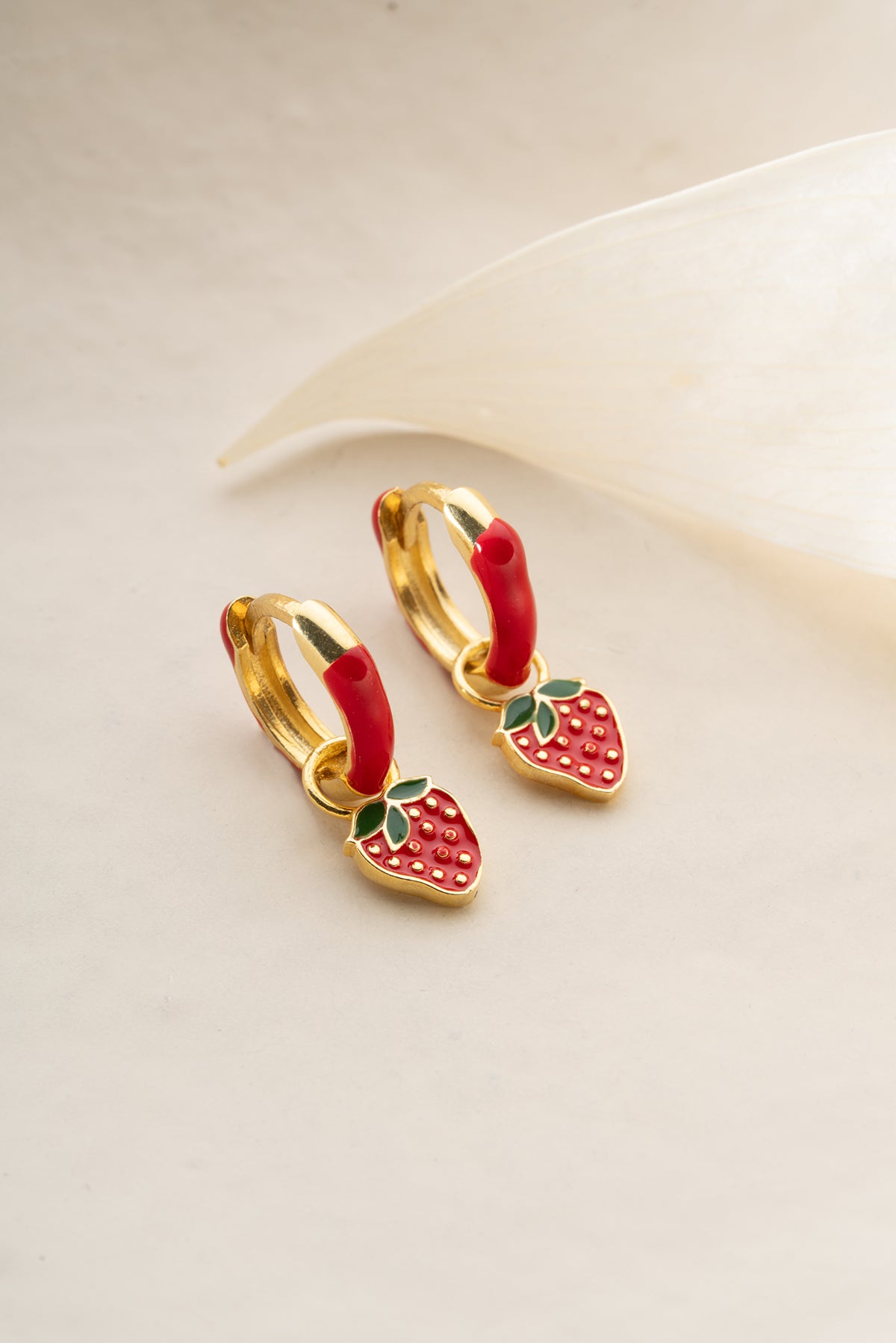 Strawberry Charm Red Enamel Hoop Earrings