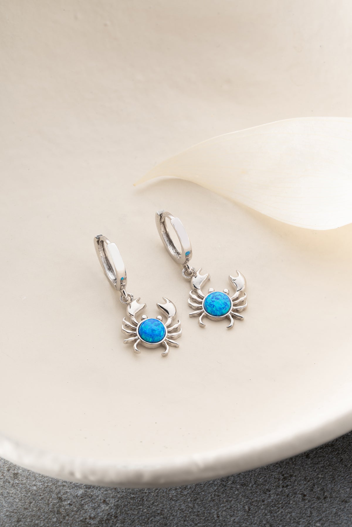 Crab Charm Blue Opal Hoop Earrings