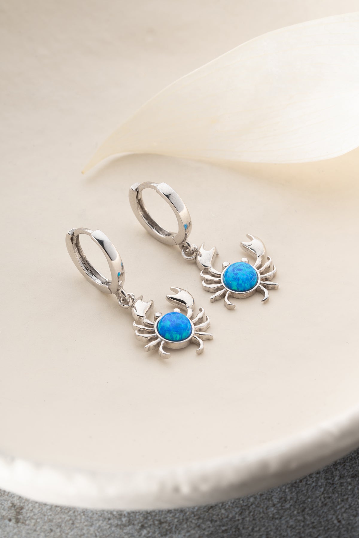 Crab Charm Blue Opal Hoop Earrings