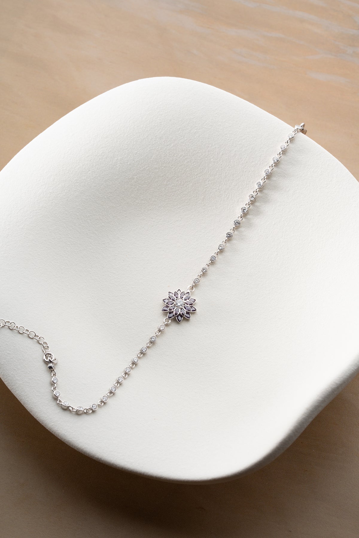 Purple Lotus Flower Crystal Bracelet in Silver