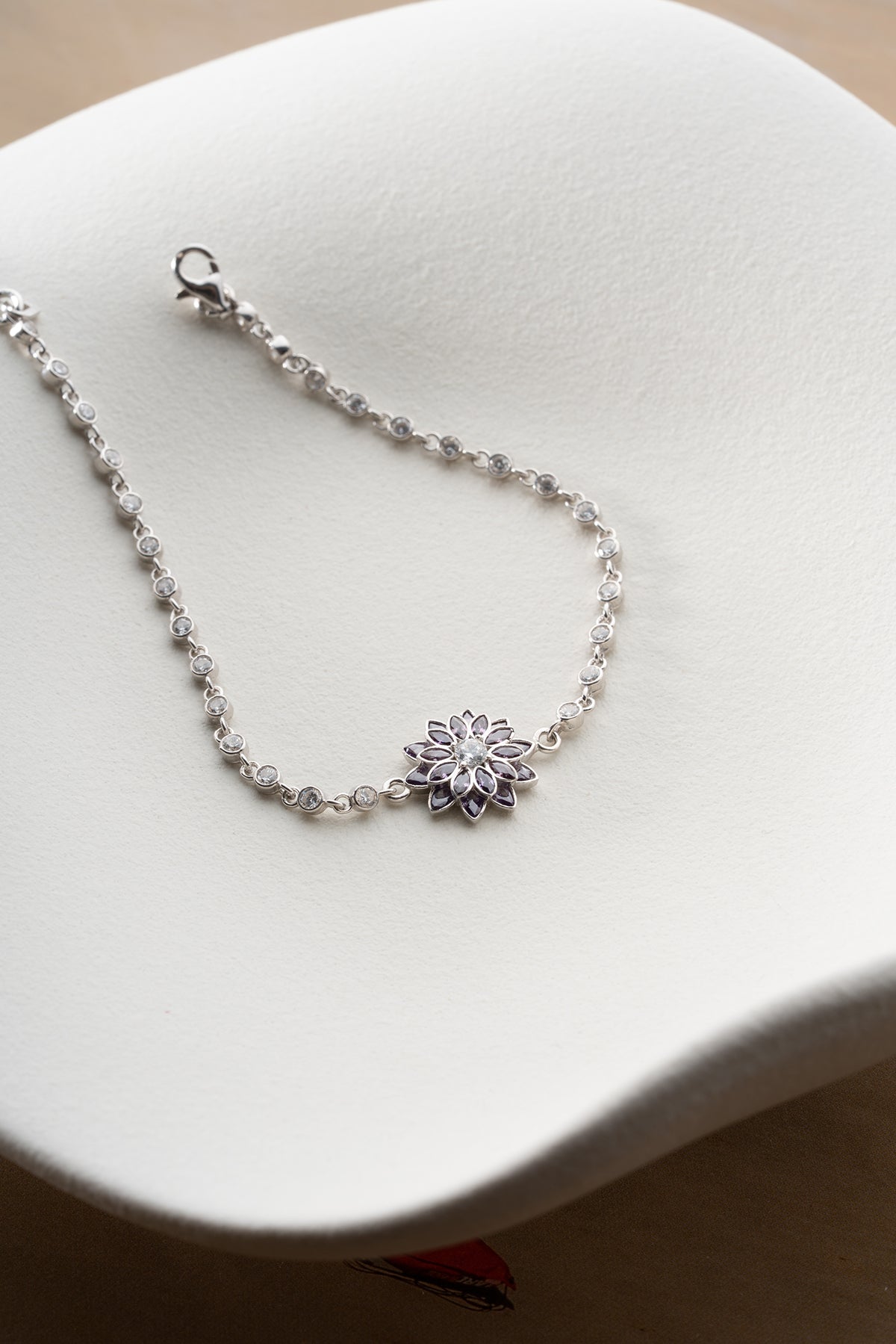 Purple Lotus Flower Crystal Bracelet in Silver