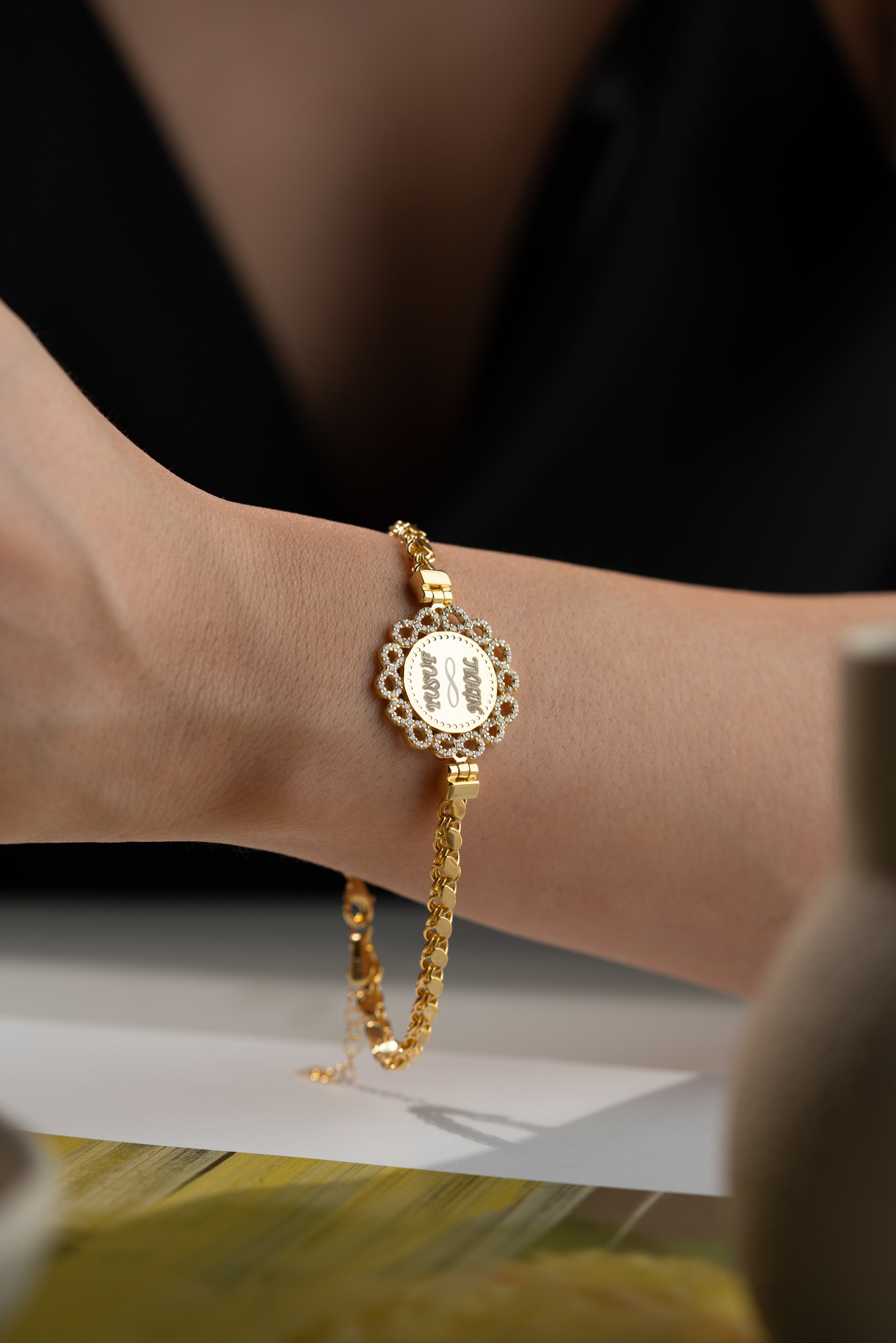 Engraved Two Name Infinity Medallion Bracelet