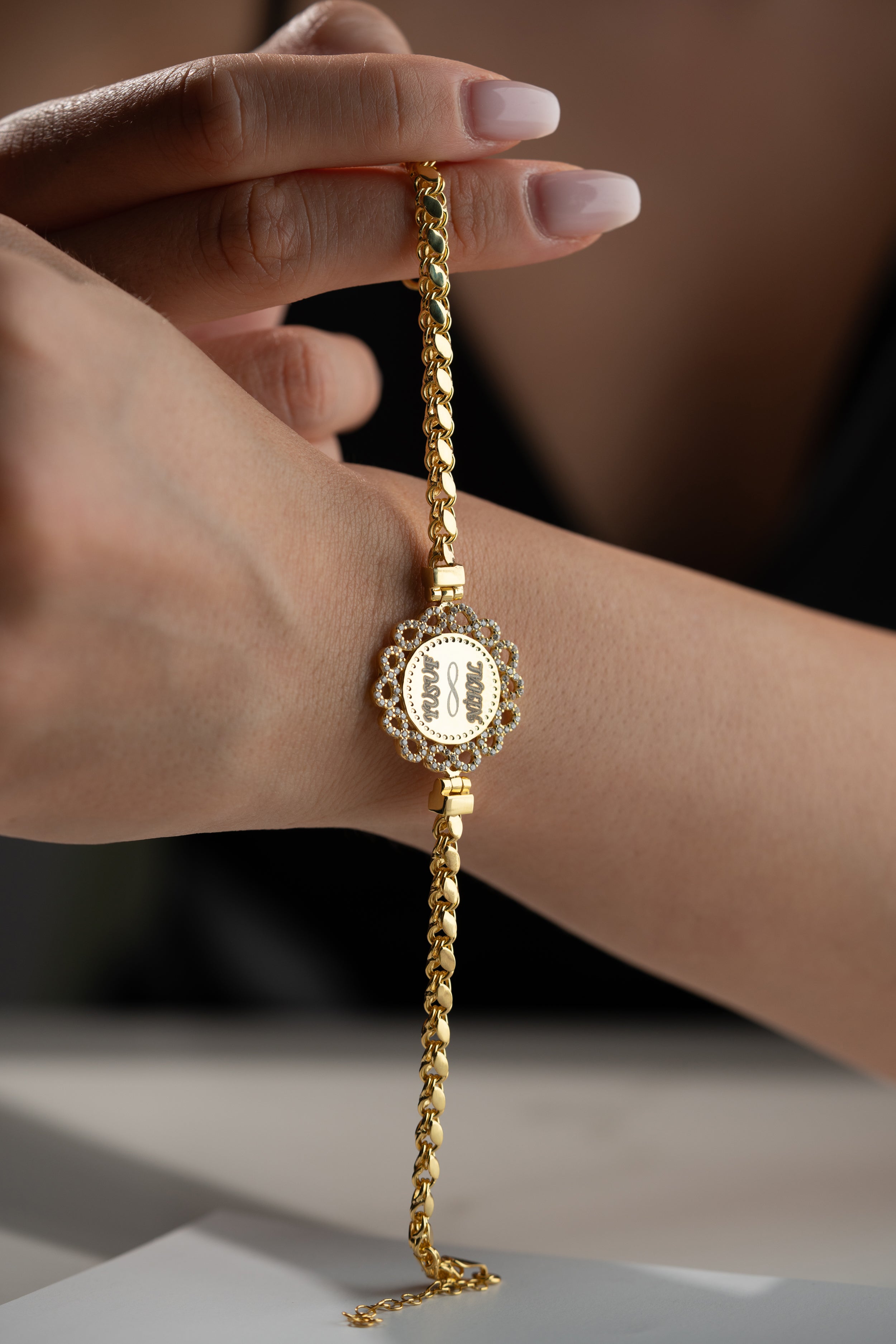 Engraved Two Name Infinity Medallion Bracelet