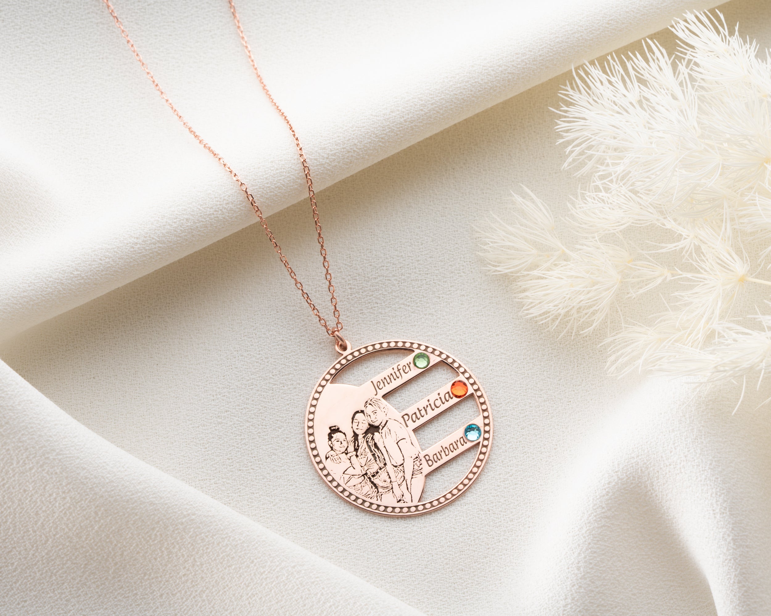 Custom Photo Engraved Family Birthstone Necklace