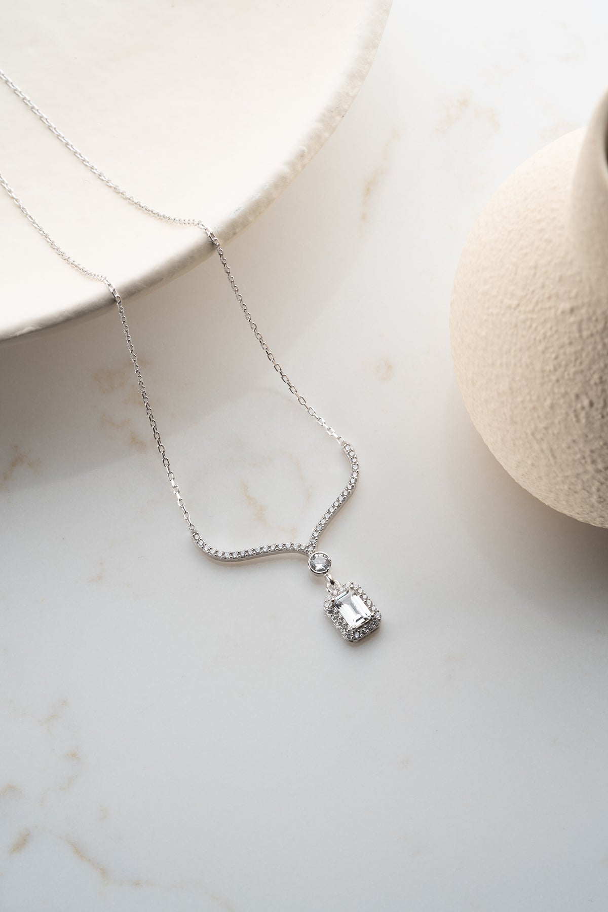 Emerald Cut Halo Pendant Necklace
