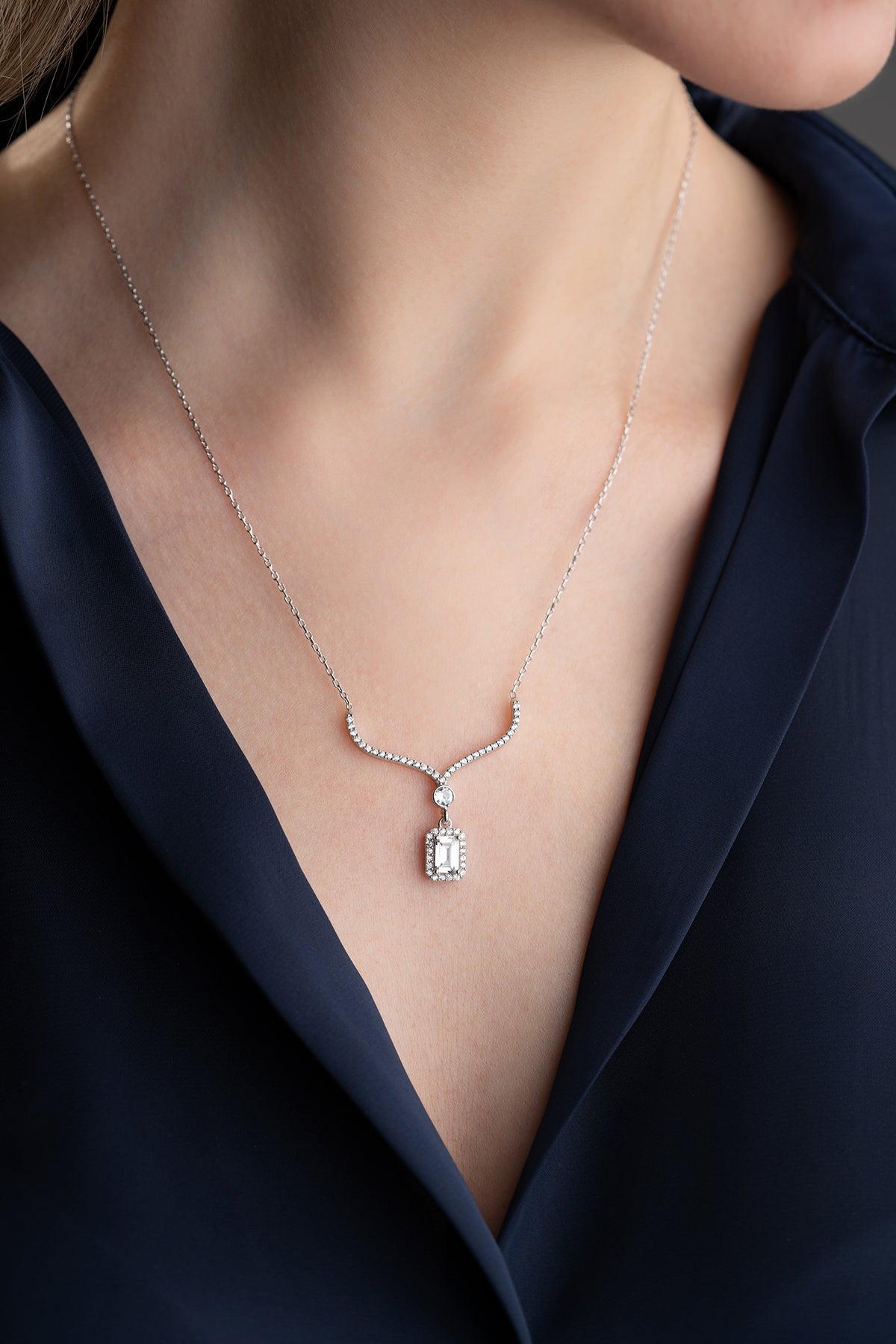 Emerald Cut Halo Pendant Necklace