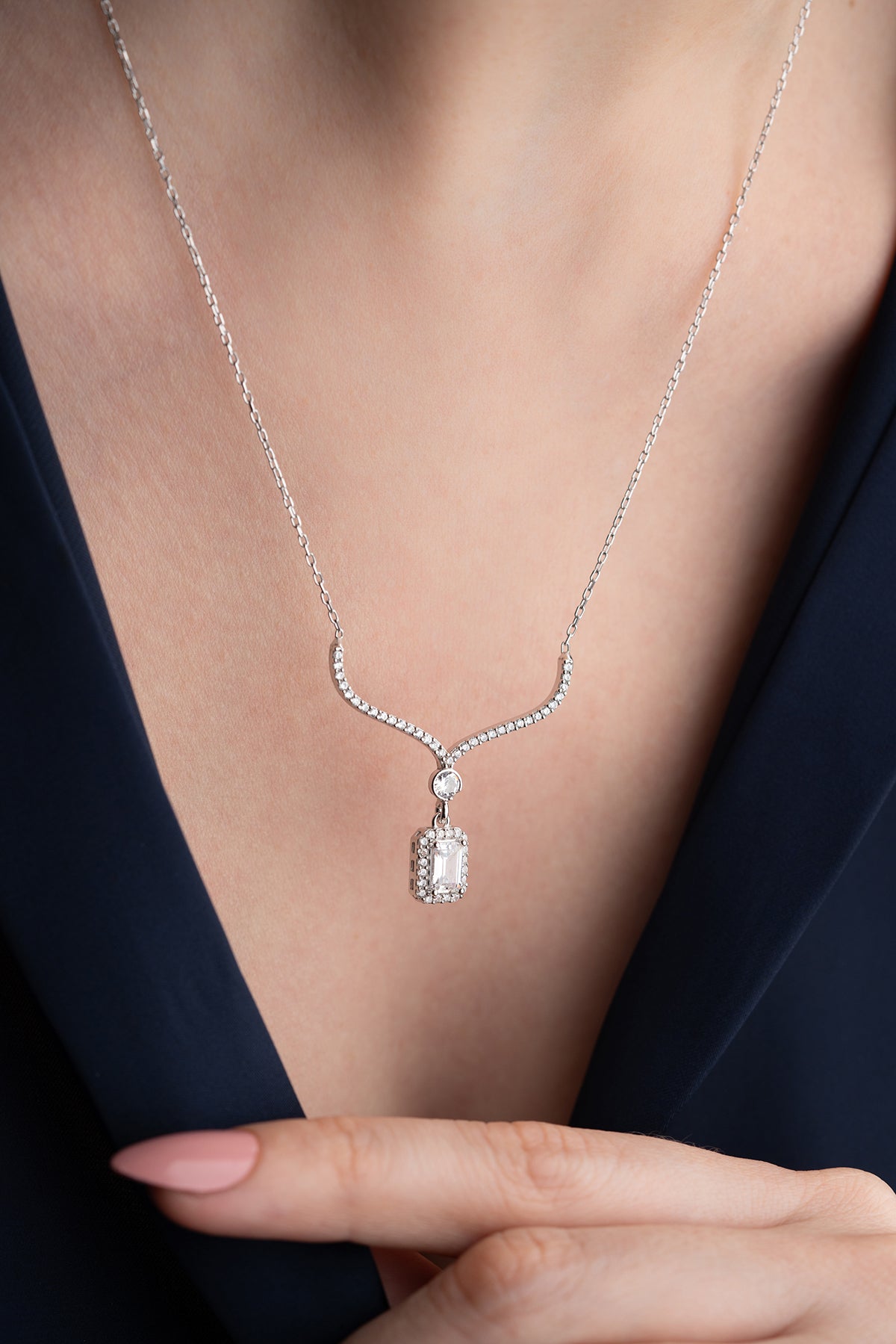 Emerald Cut Halo Pendant Necklace