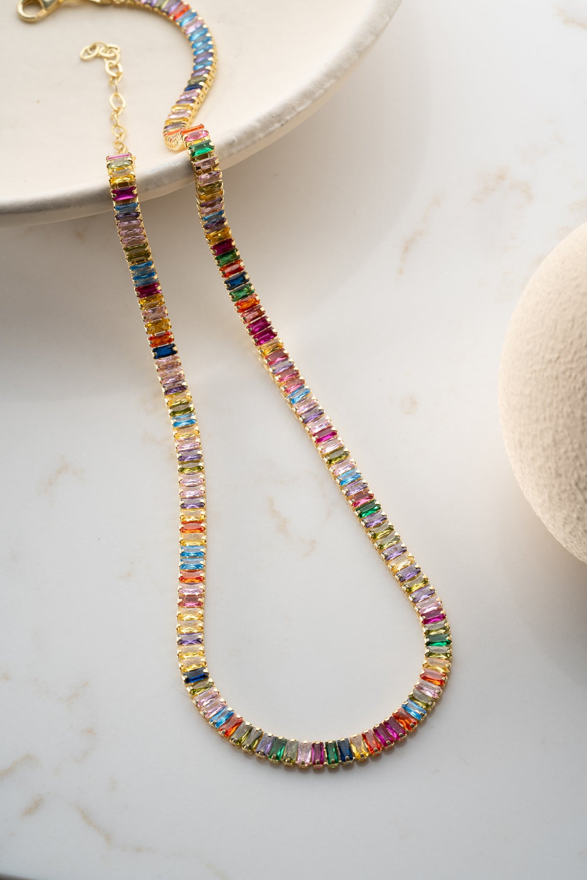 Rainbow Baguette Tennis Necklace in Gold
