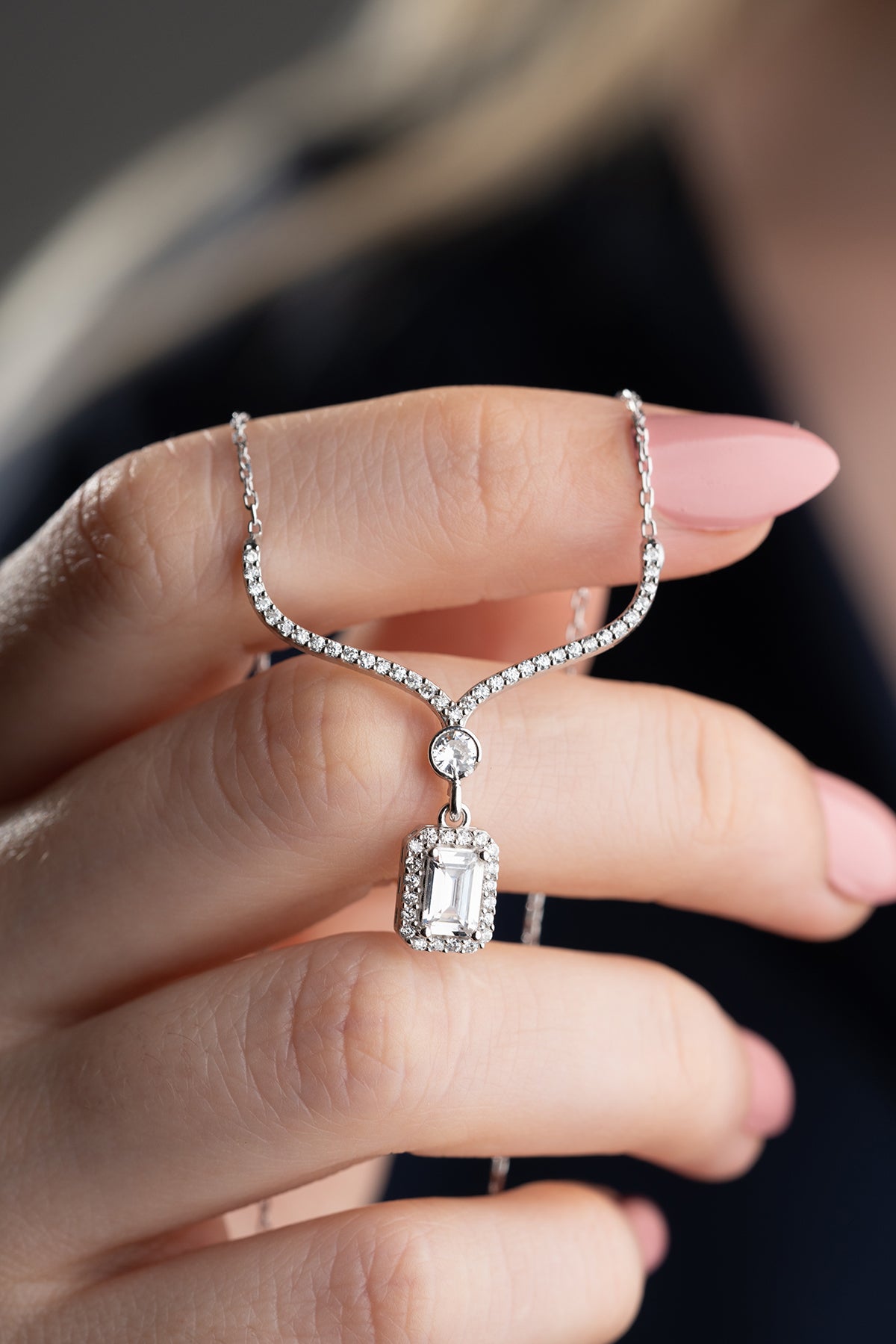 Emerald Cut Halo Pendant Necklace