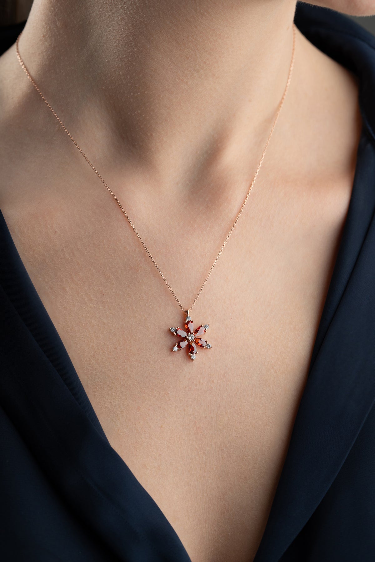 Garnet Flower Pendant Necklace in Rose Gold