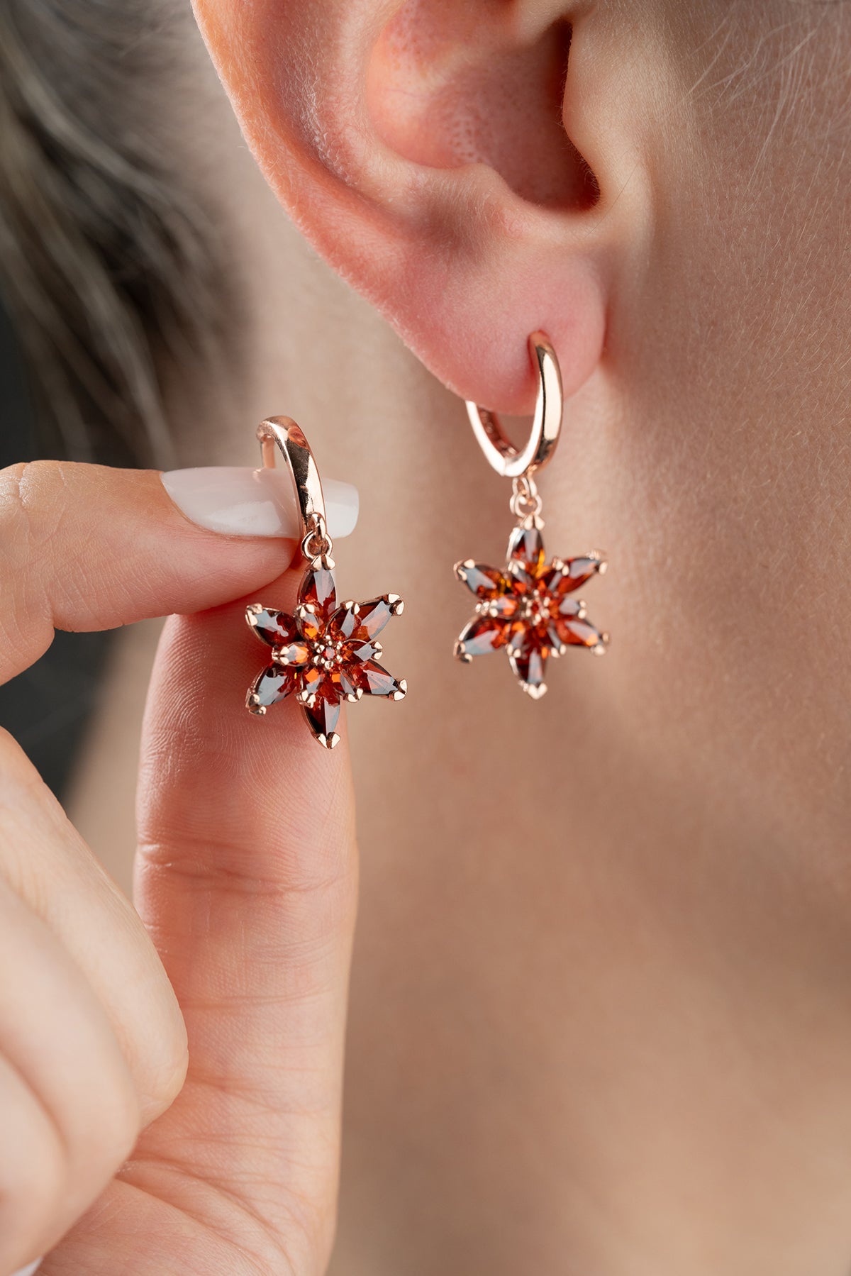 Garnet Star Flower Drop Earrings