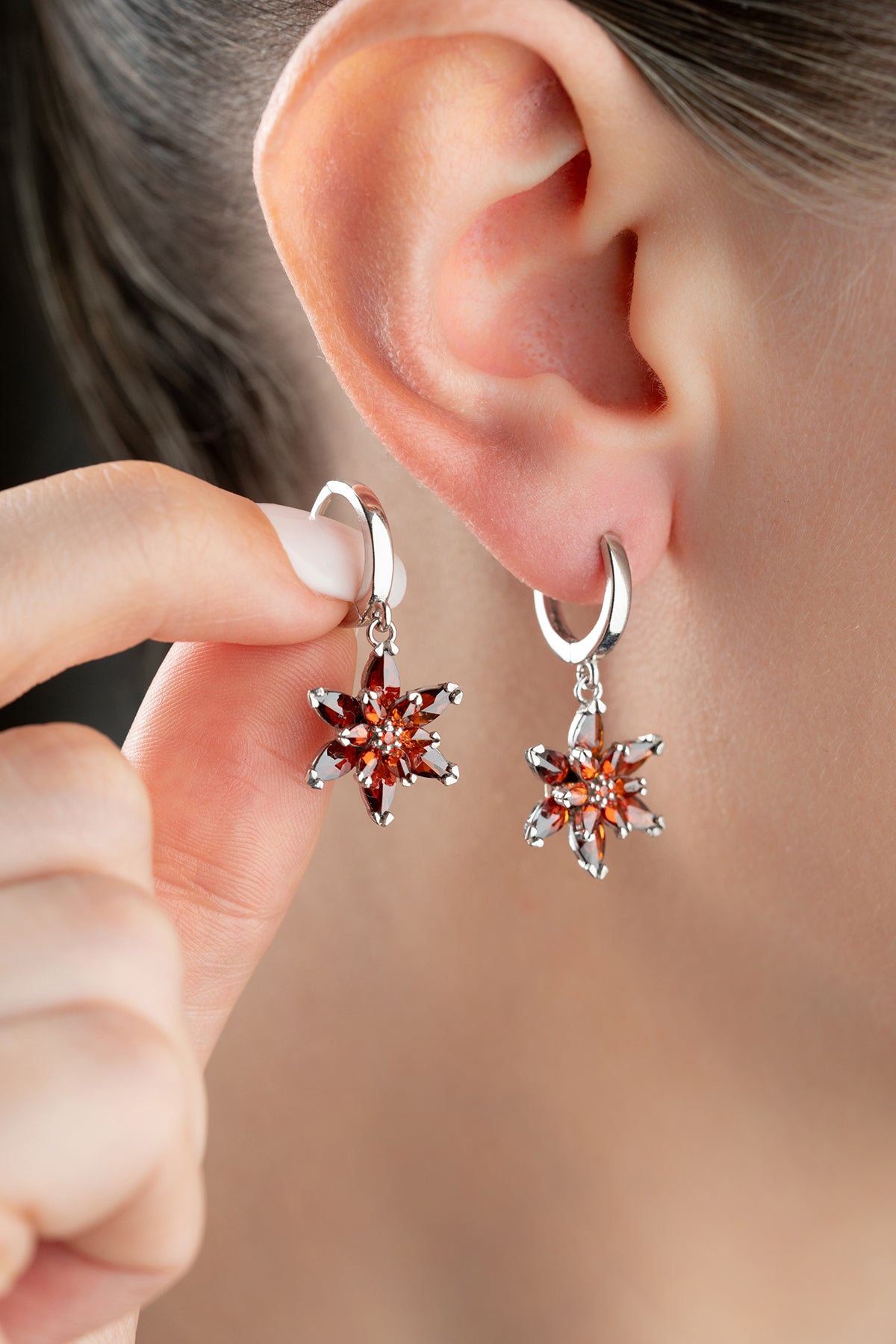 Garnet Star Flower Drop Earrings