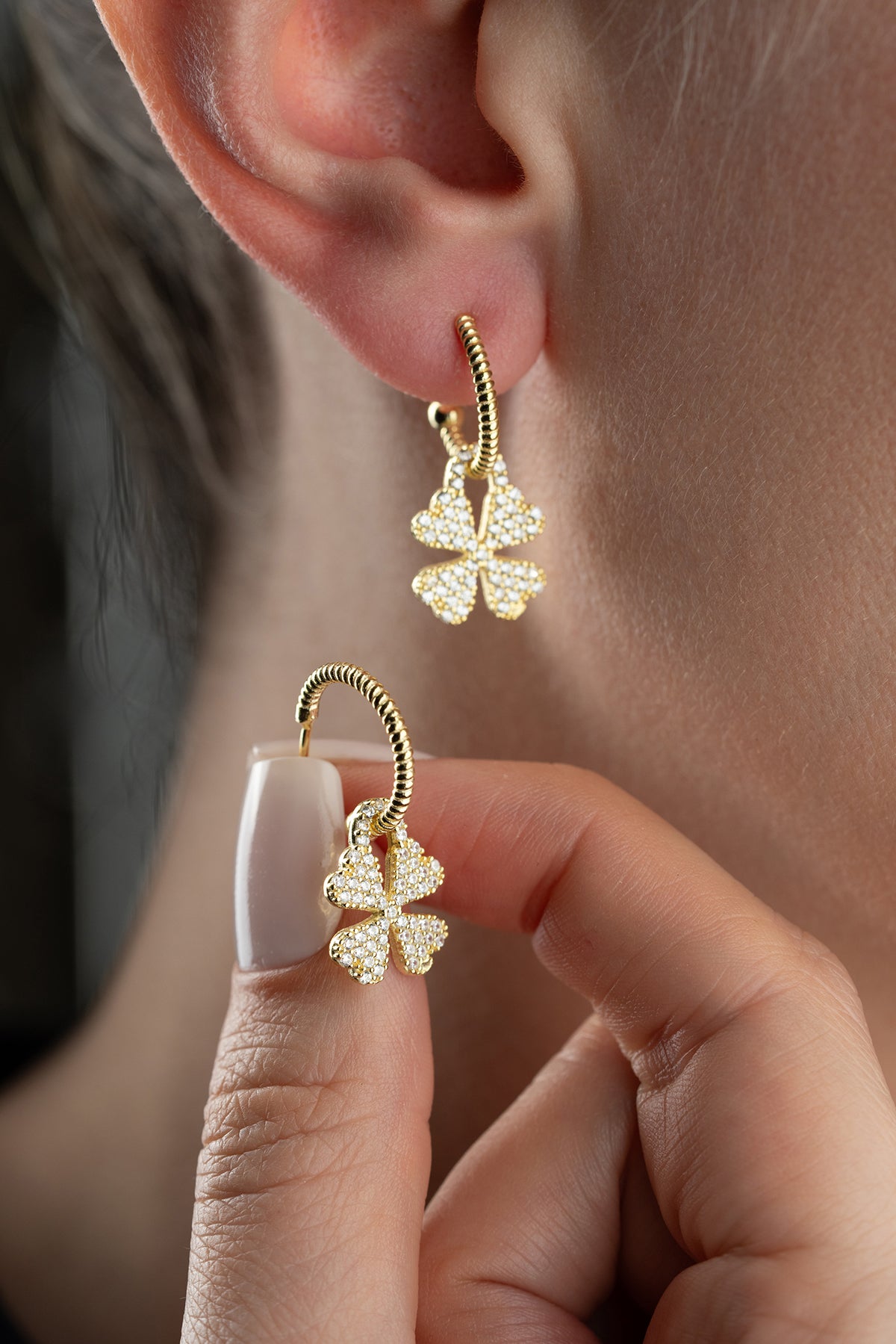 Pave Clover Drop Hoop Earrings