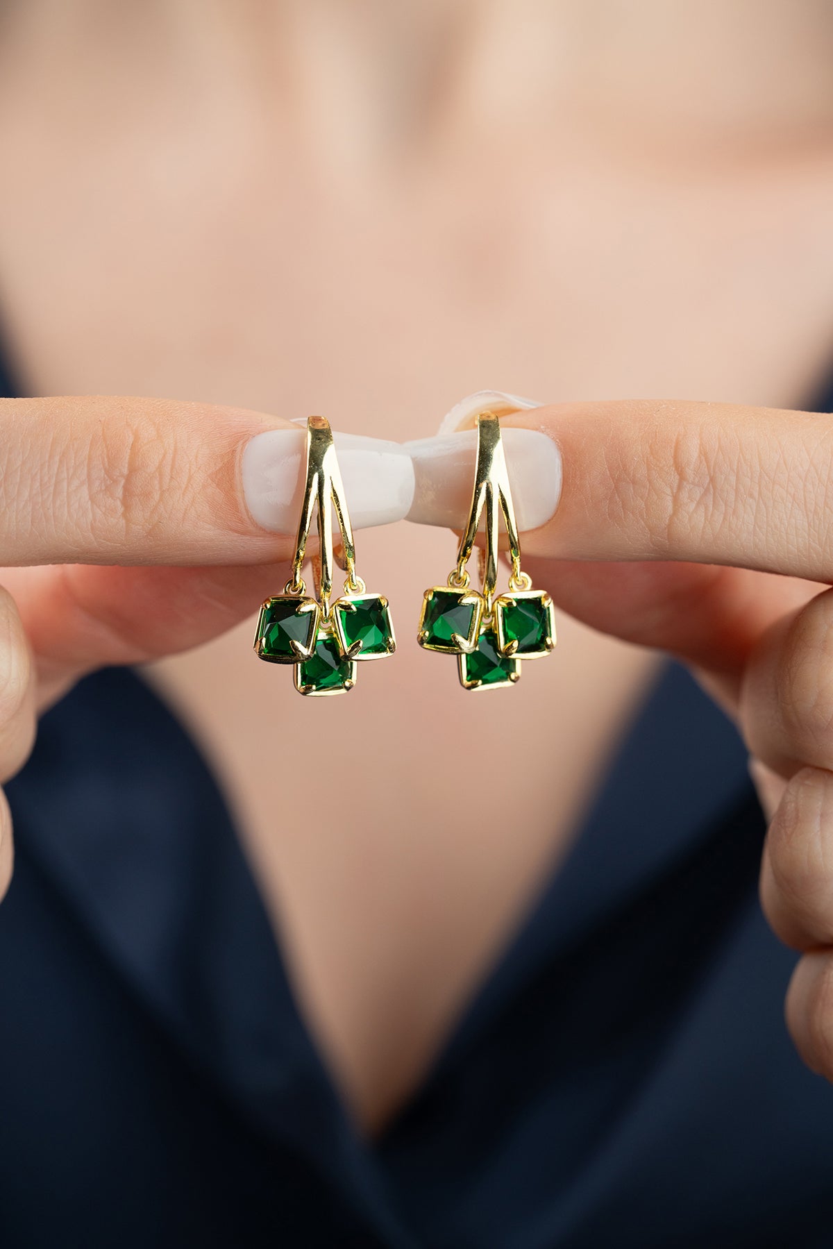 Emerald Cluster Gold Huggie Earrings