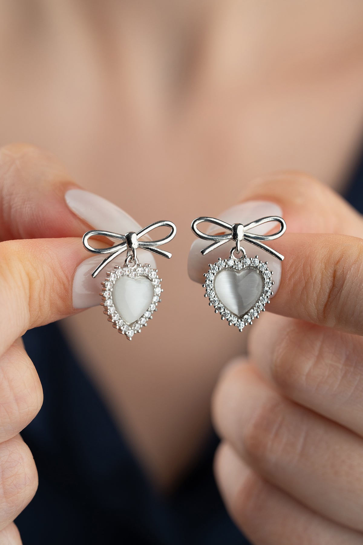 Silver Bow Heart Drop Earrings