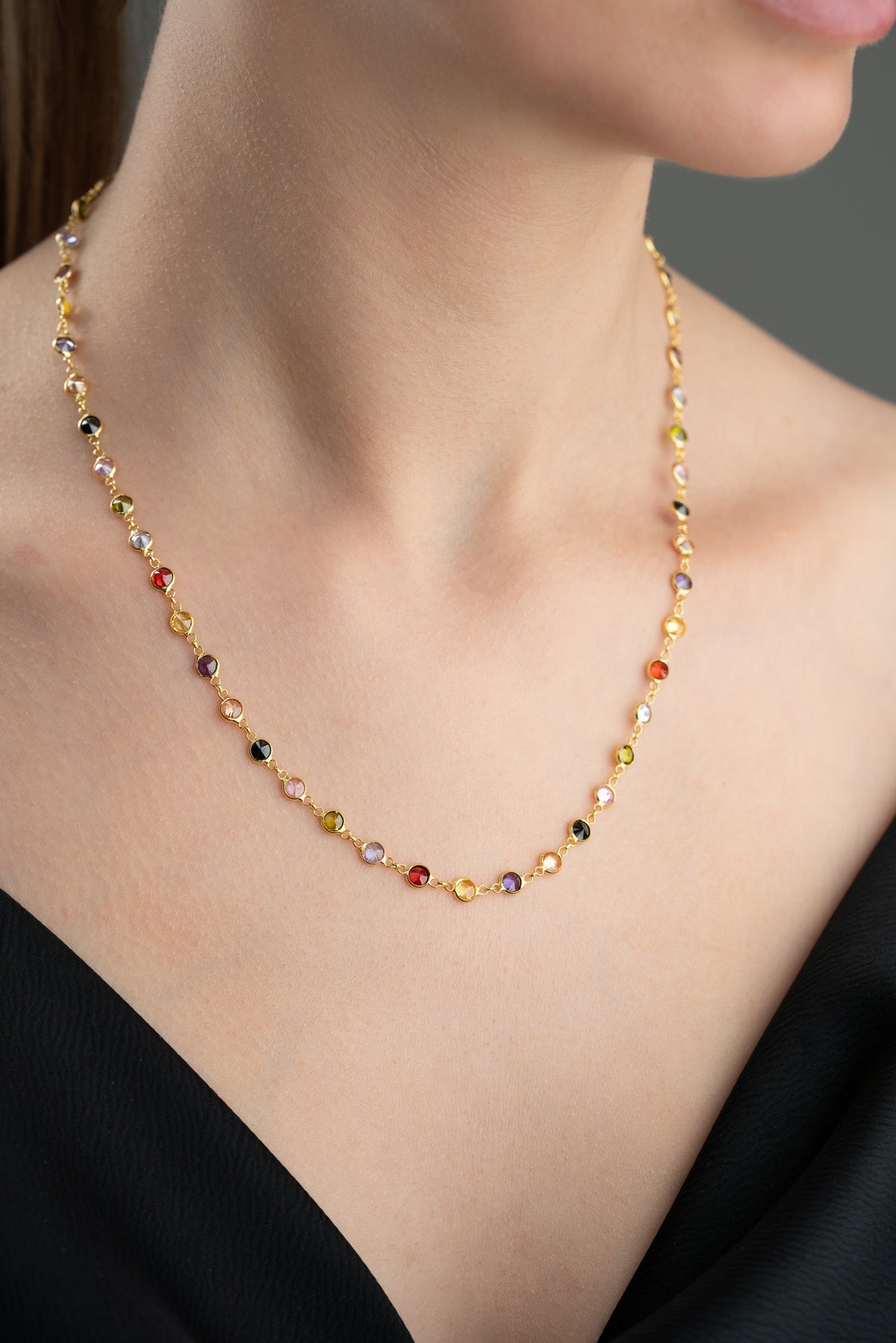 Multicolor Gemstone Station Necklace in Gold