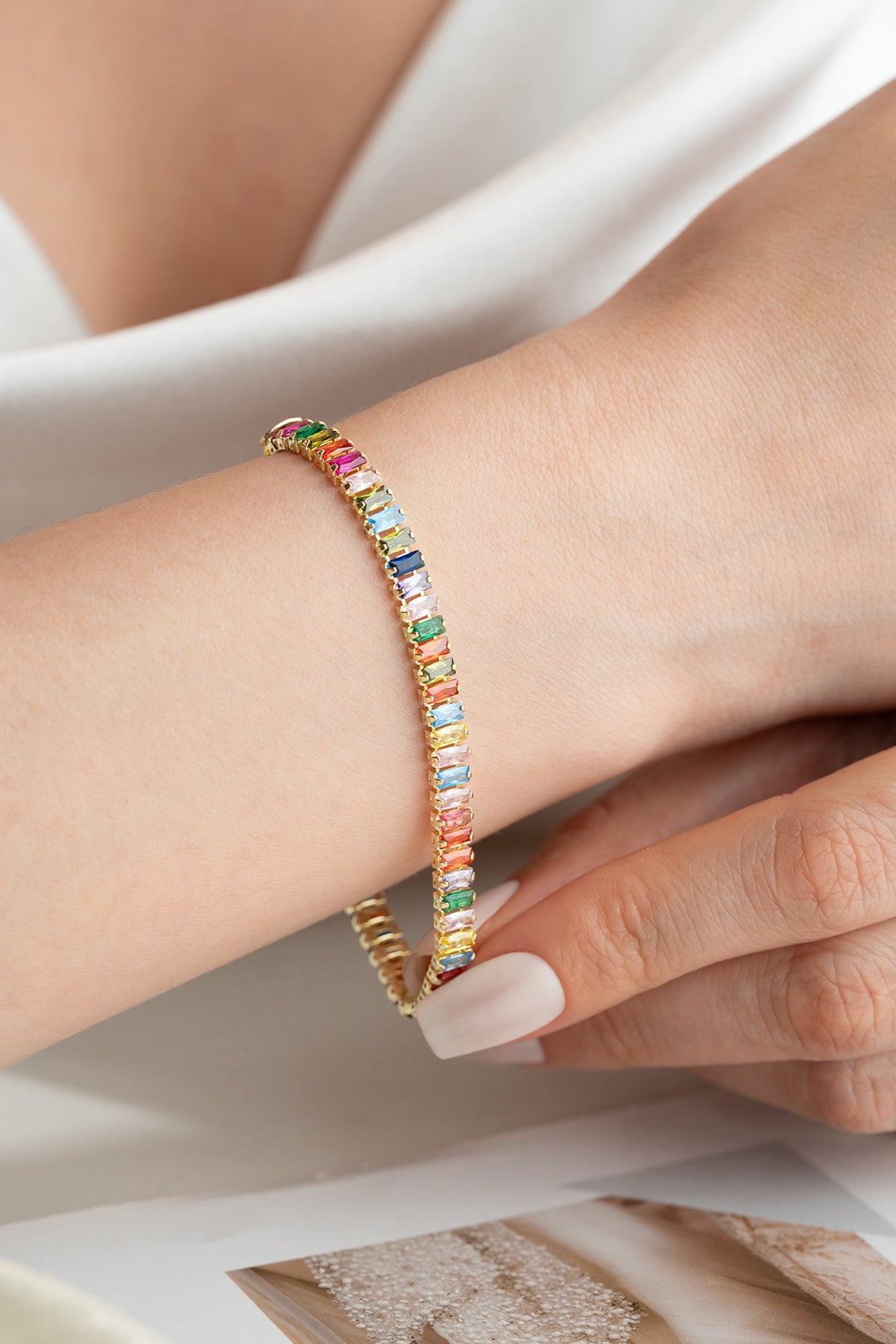 Rainbow Baguette Tennis Bracelet in Gold