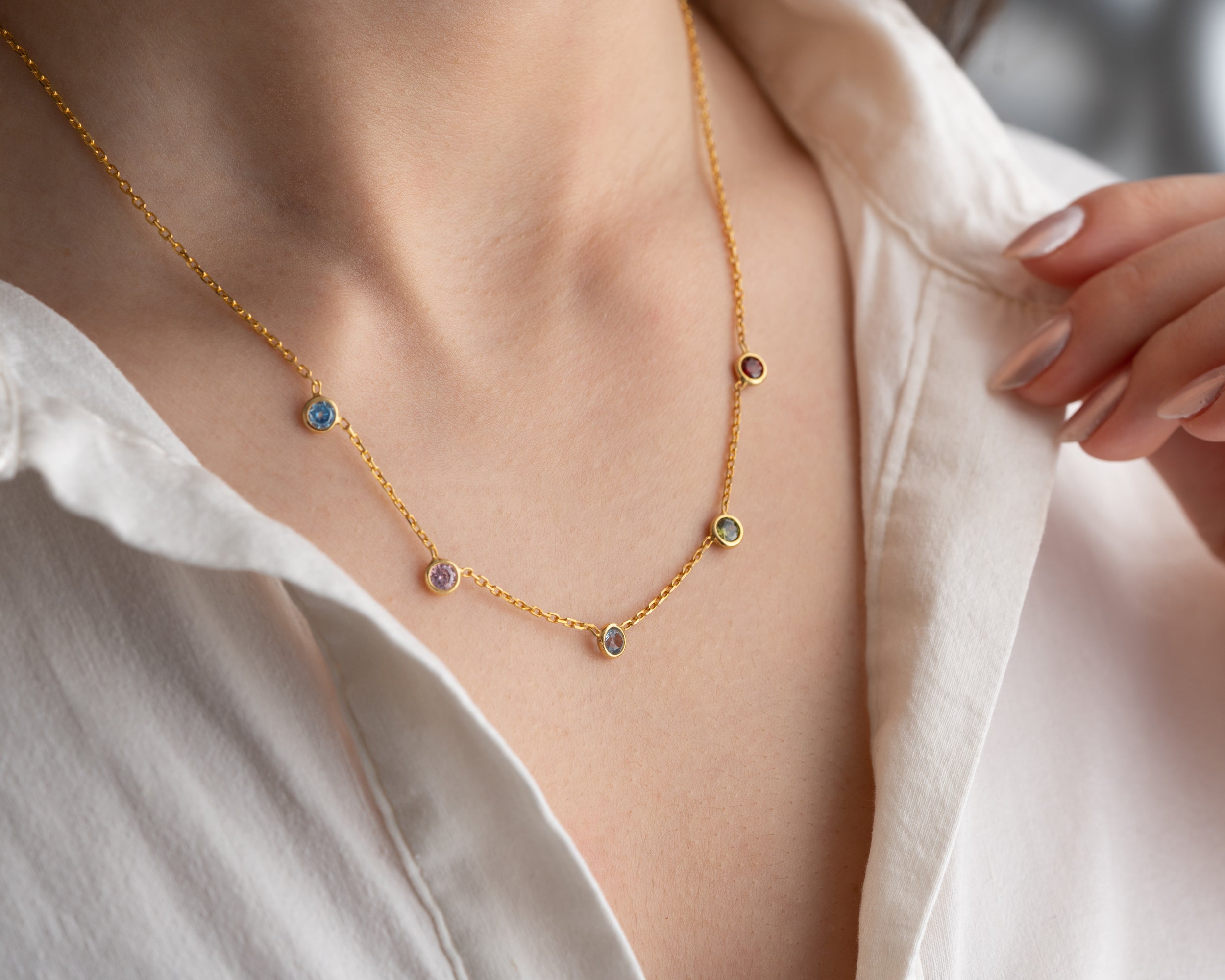 Minimalist Family Birthstone Station Necklace