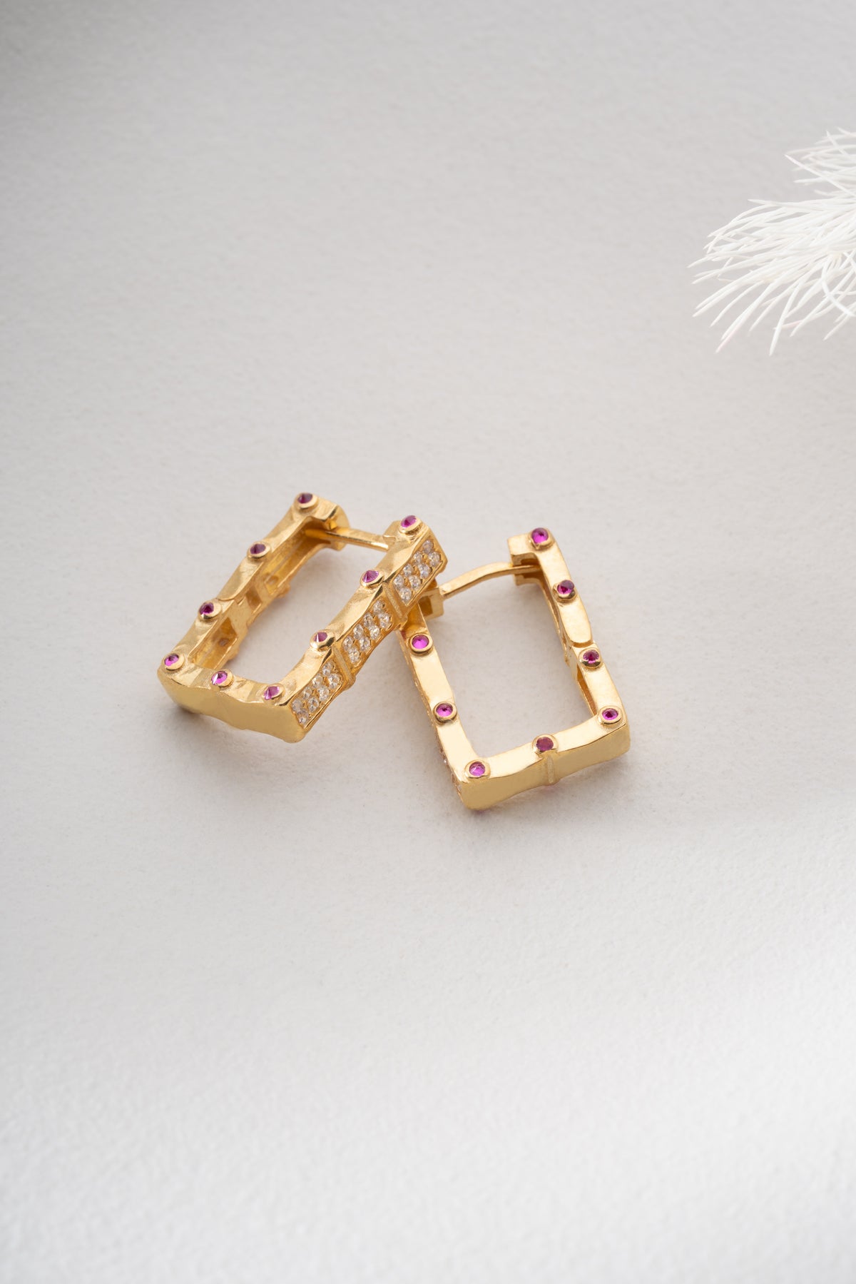 Pave Rectangle Drop Earrings with Ruby Accents