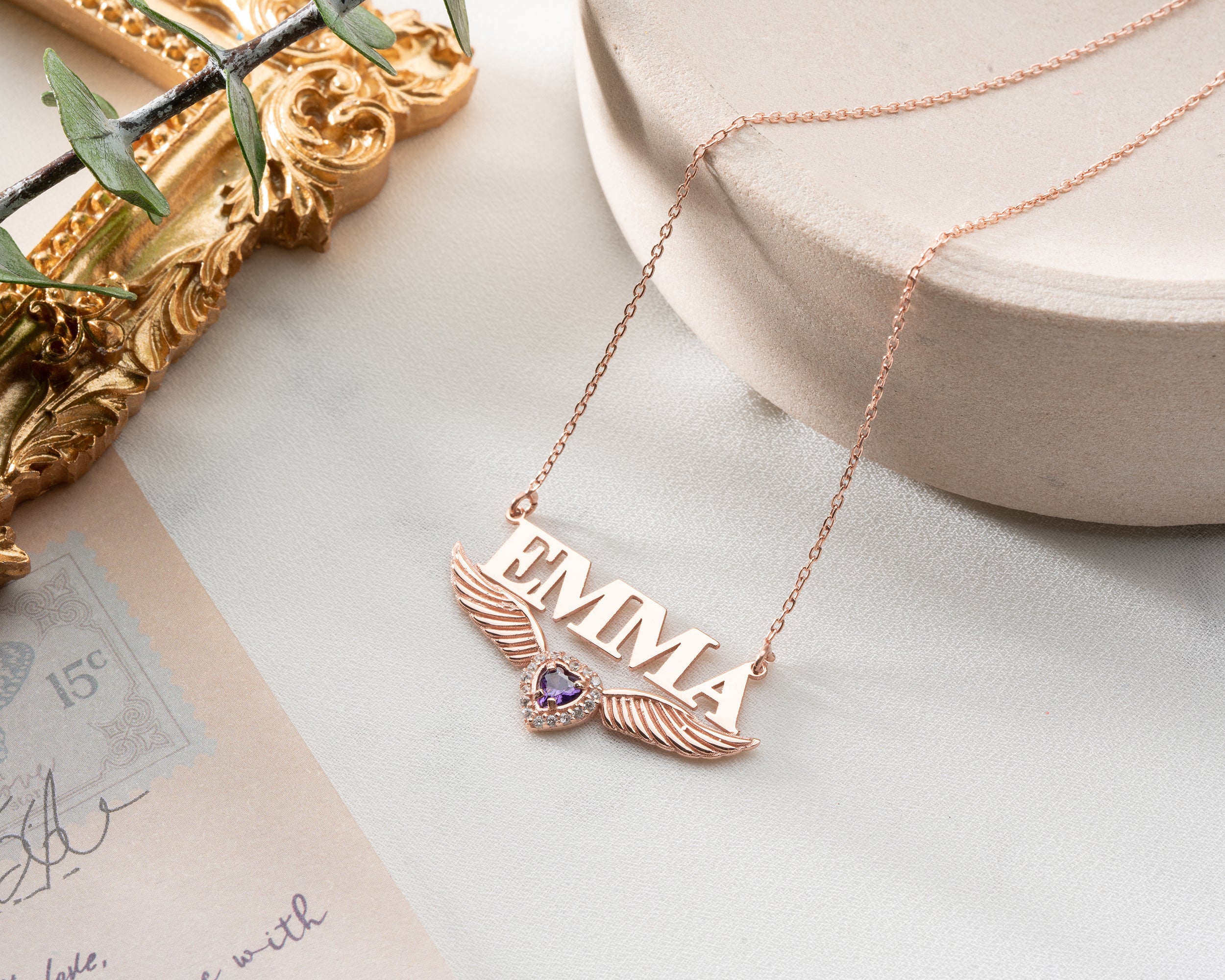 Custom Name Necklace with Angel Wings and Birthstone