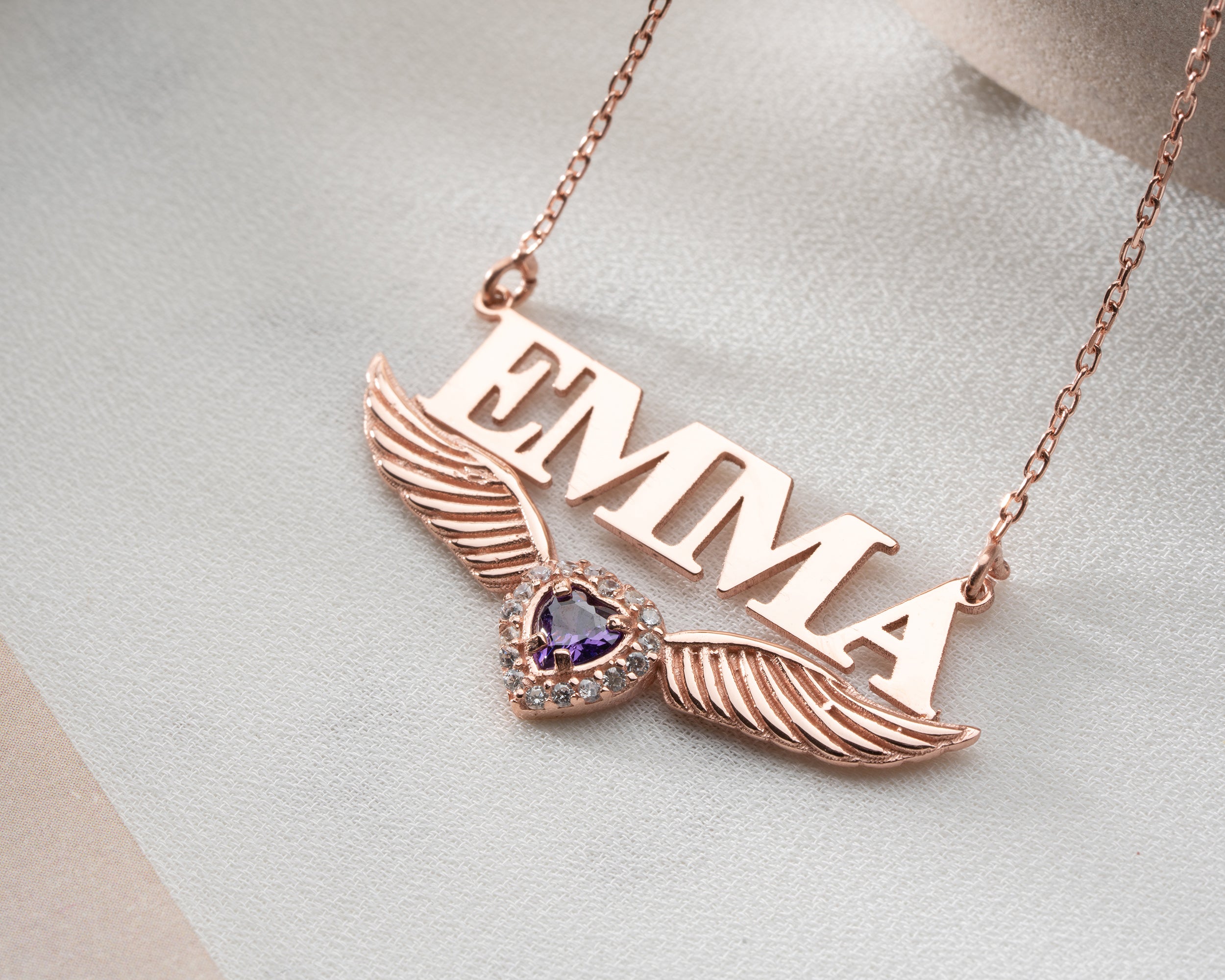 Custom Name Necklace with Angel Wings and Birthstone