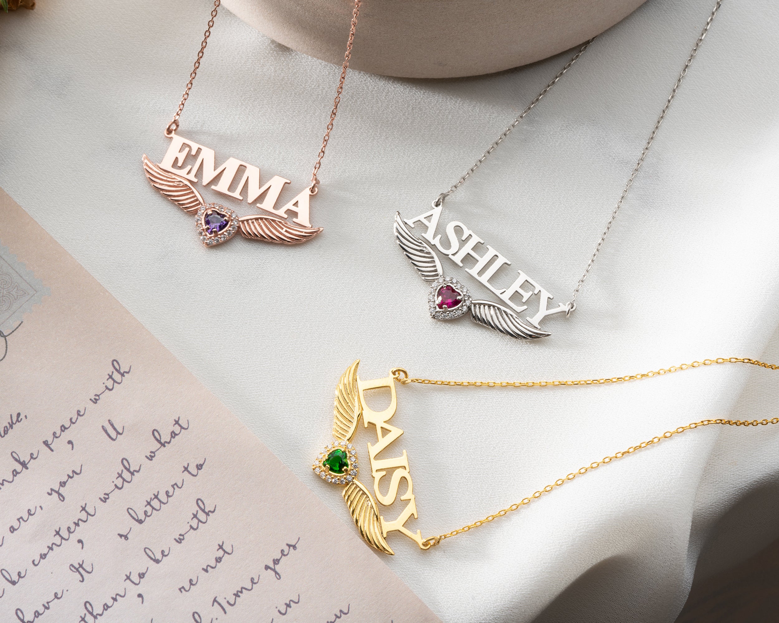 Custom Name Necklace with Angel Wings and Birthstone