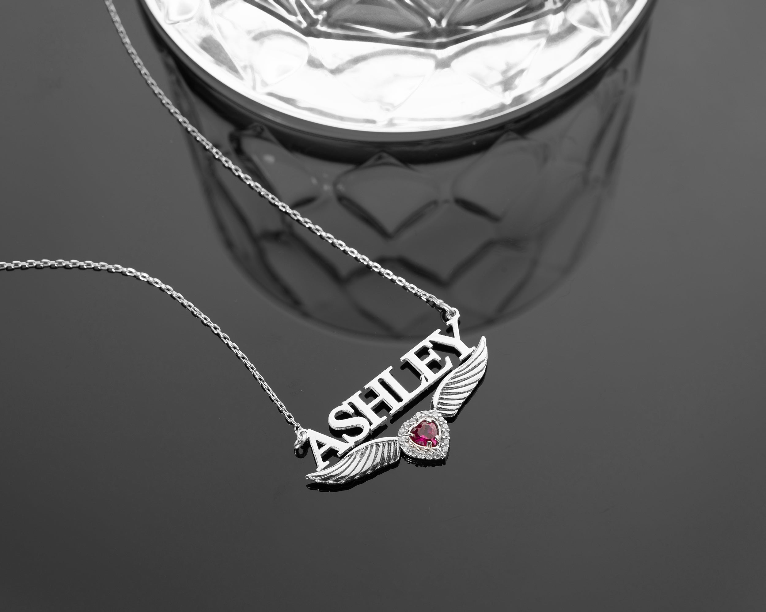 Custom Name Necklace with Angel Wings and Birthstone