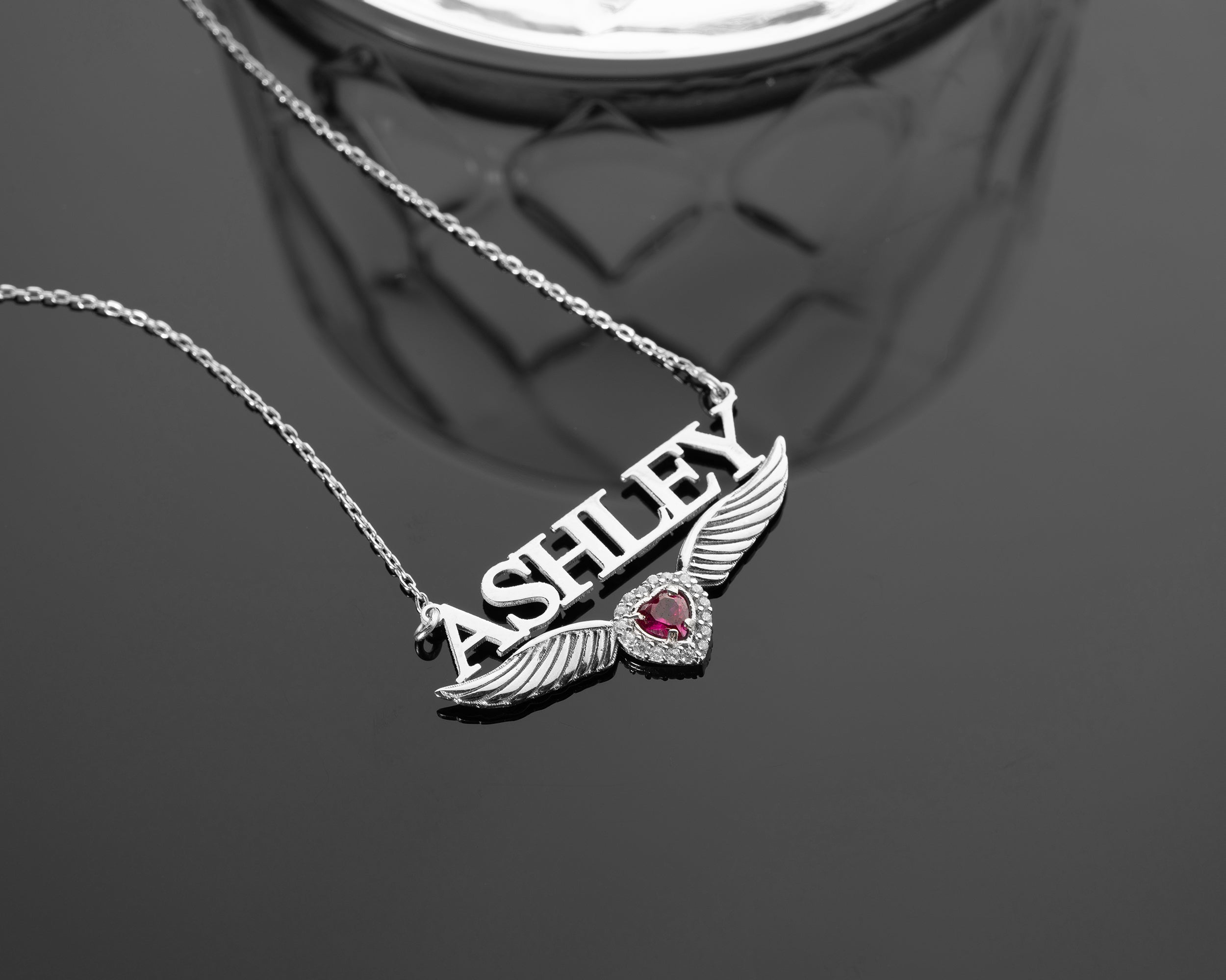 Custom Name Necklace with Angel Wings and Birthstone