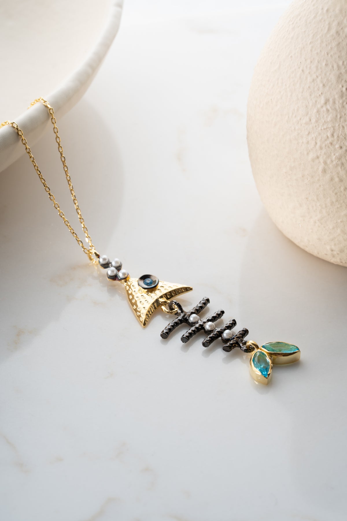 Fish Skeleton Pendant Necklace in Gold