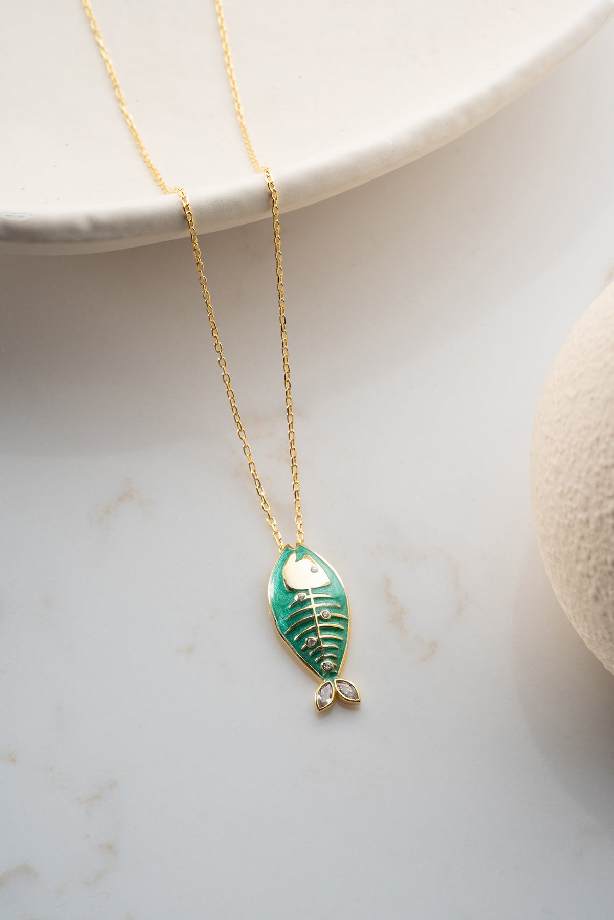Green Enamel Fish Pendant Necklace