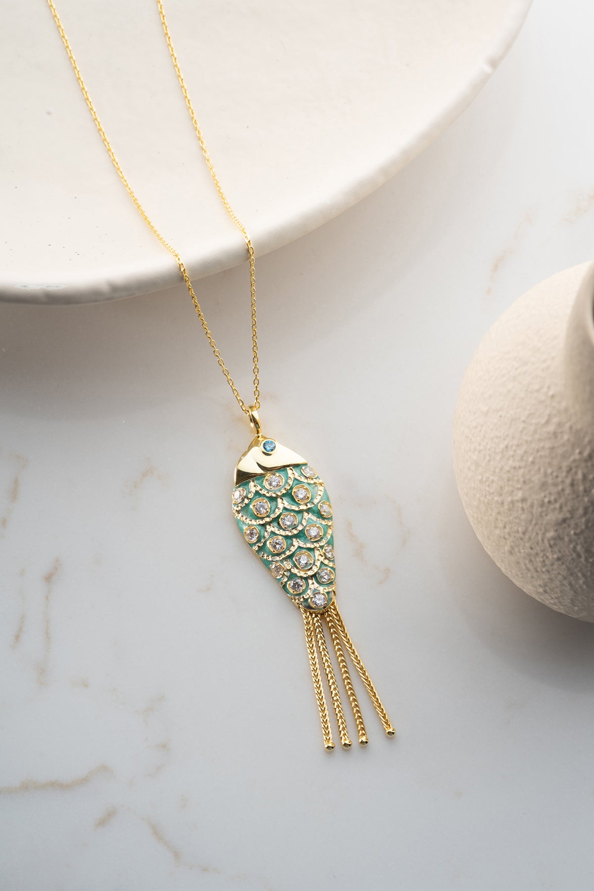 Turquoise Enamel Fish Pendant Necklace