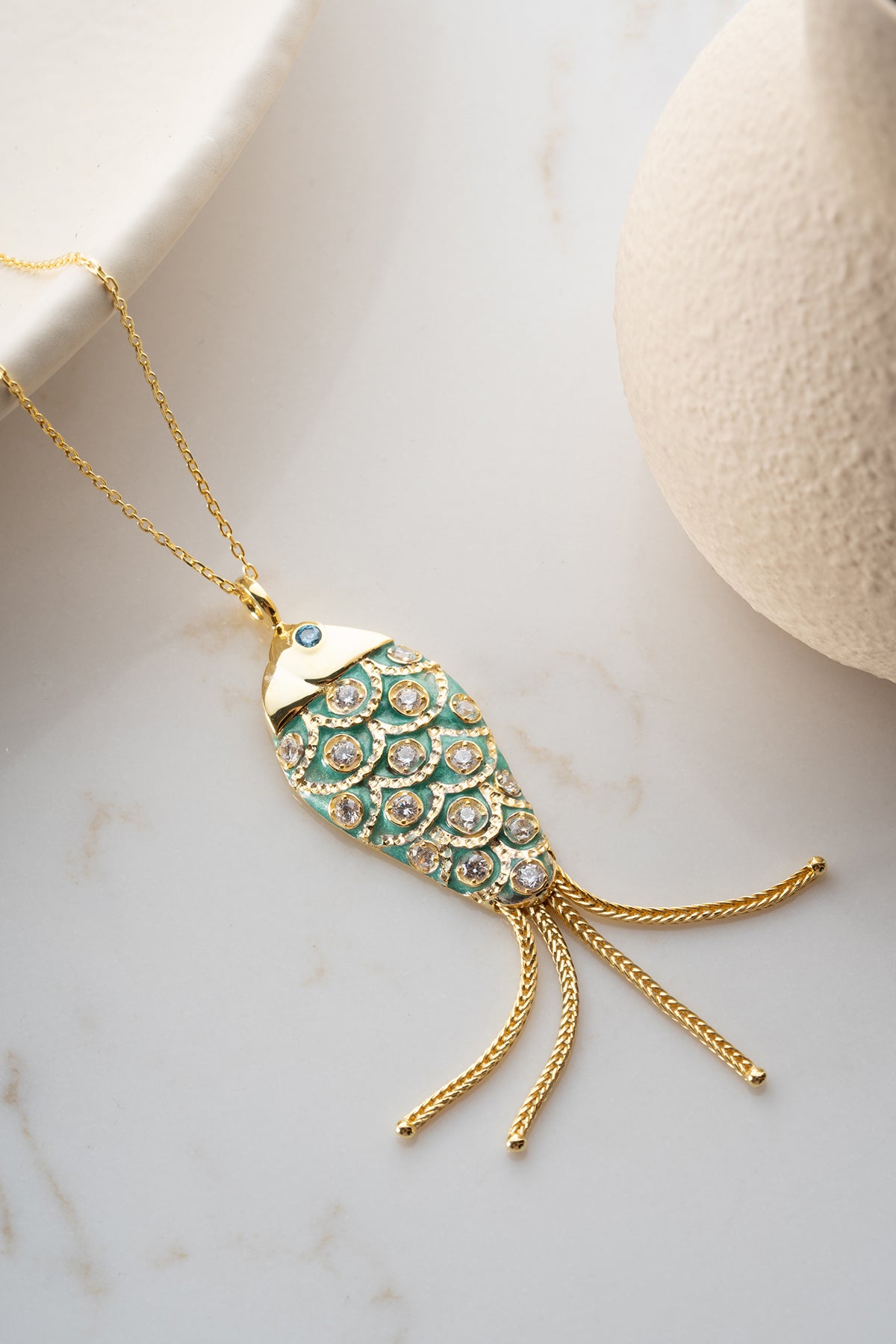 Turquoise Enamel Fish Pendant Necklace