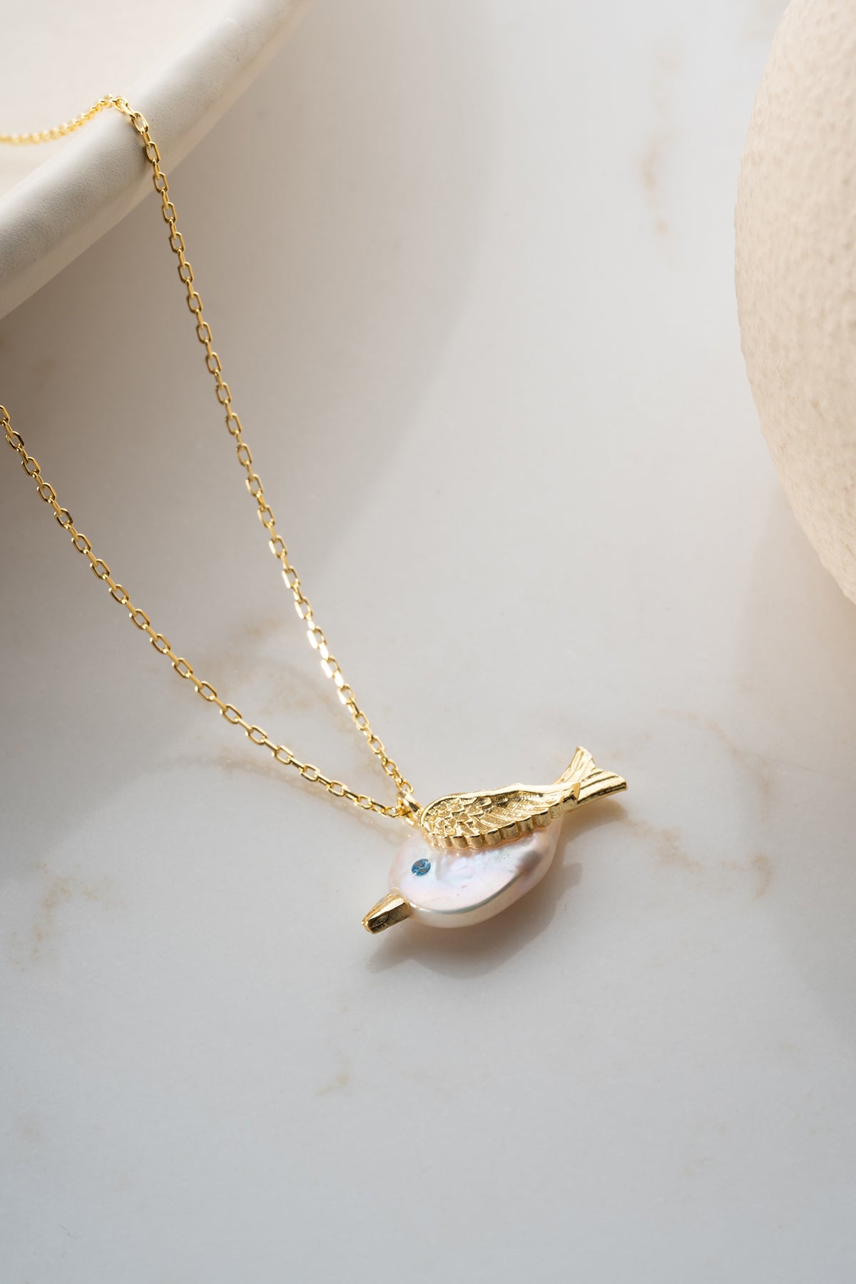Pearl Bird Charm Necklace in Gold