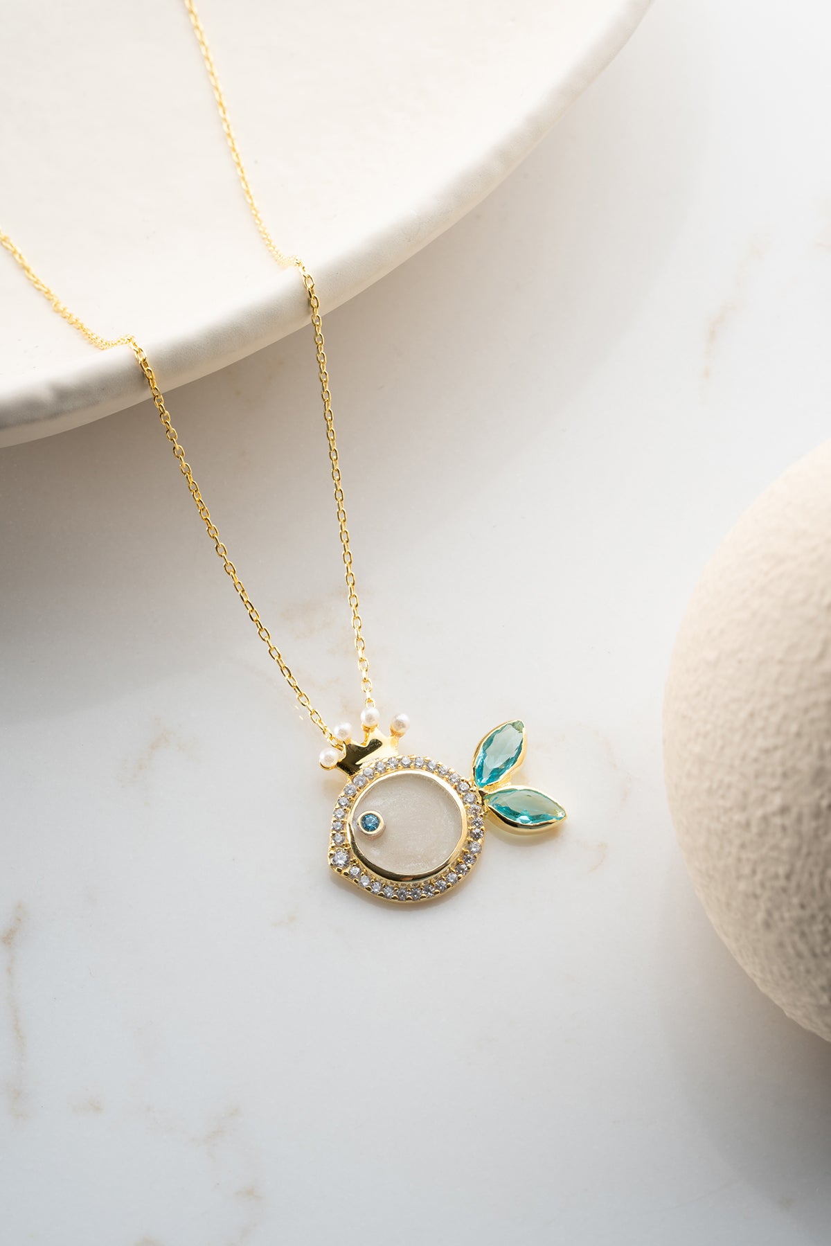 Crowned Pearl Fish Pendant Necklace