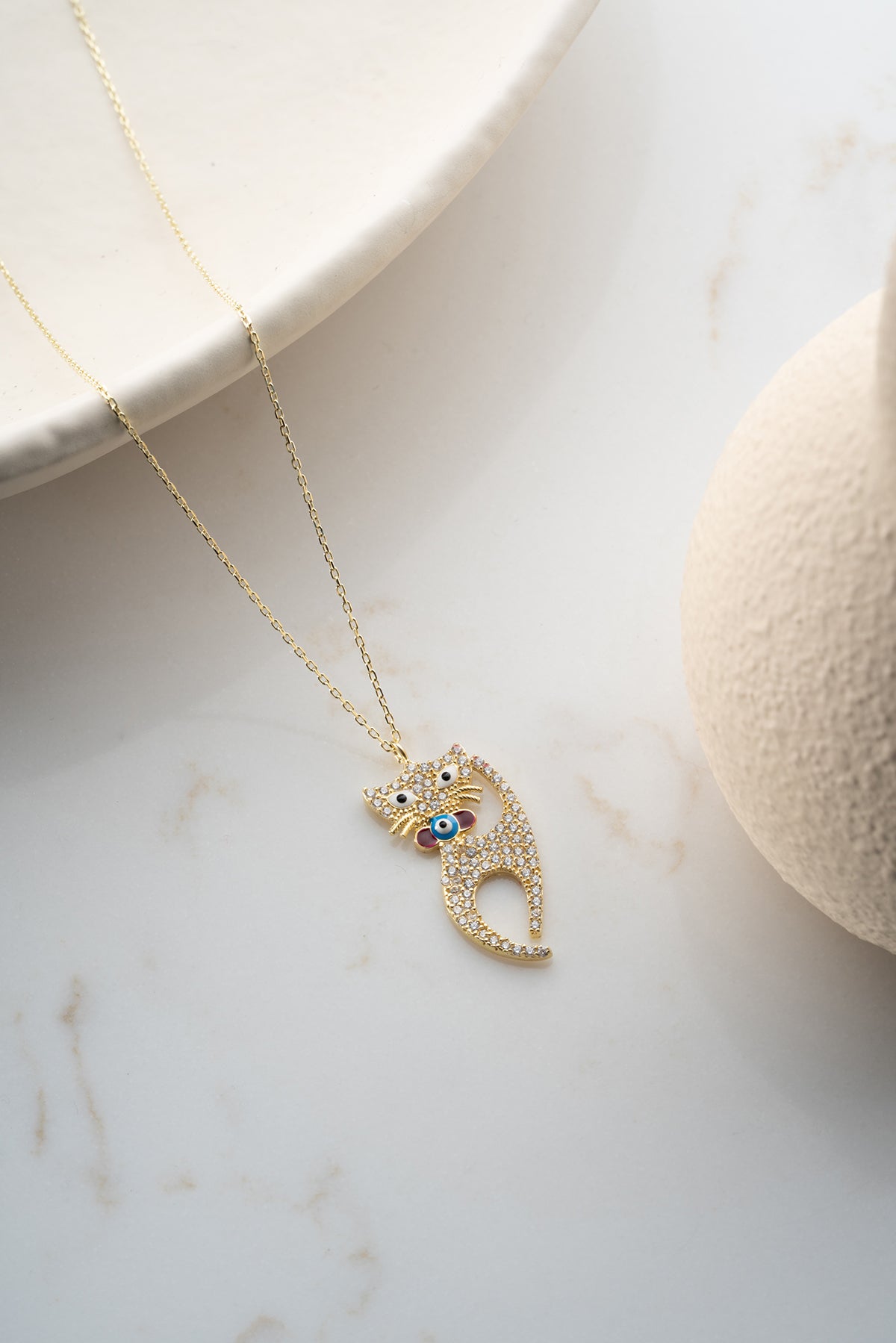 Crystal Cat Evil Eye Pendant Necklace