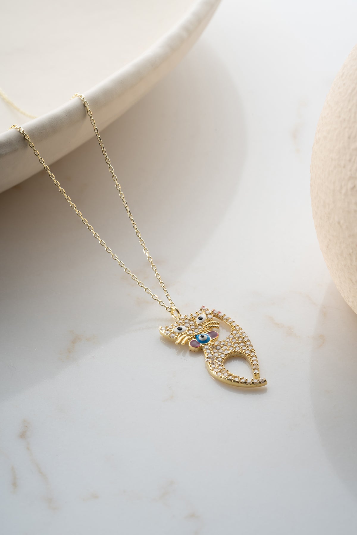 Crystal Cat Evil Eye Pendant Necklace