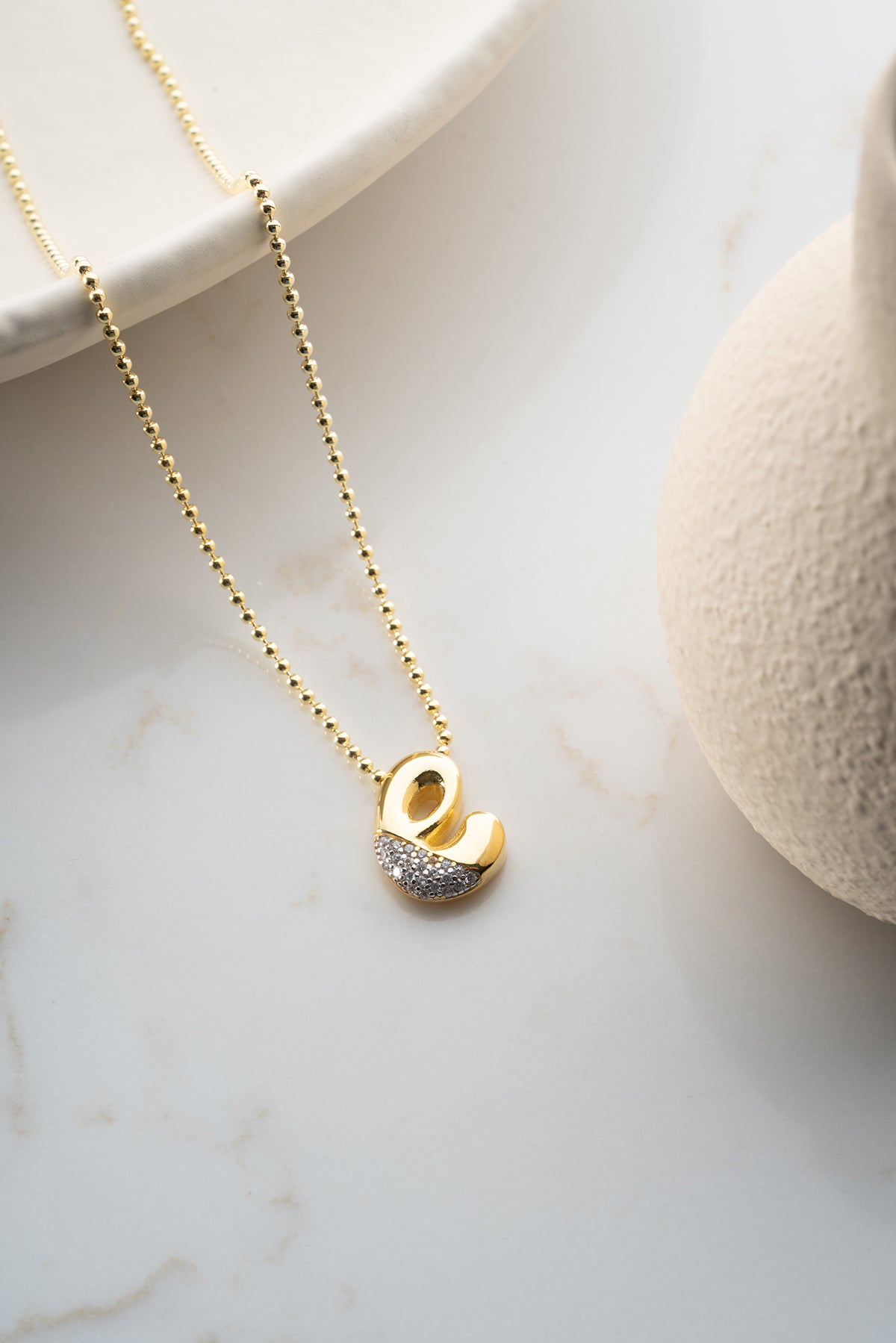 Pave Lowercase Initial Necklace in Gold