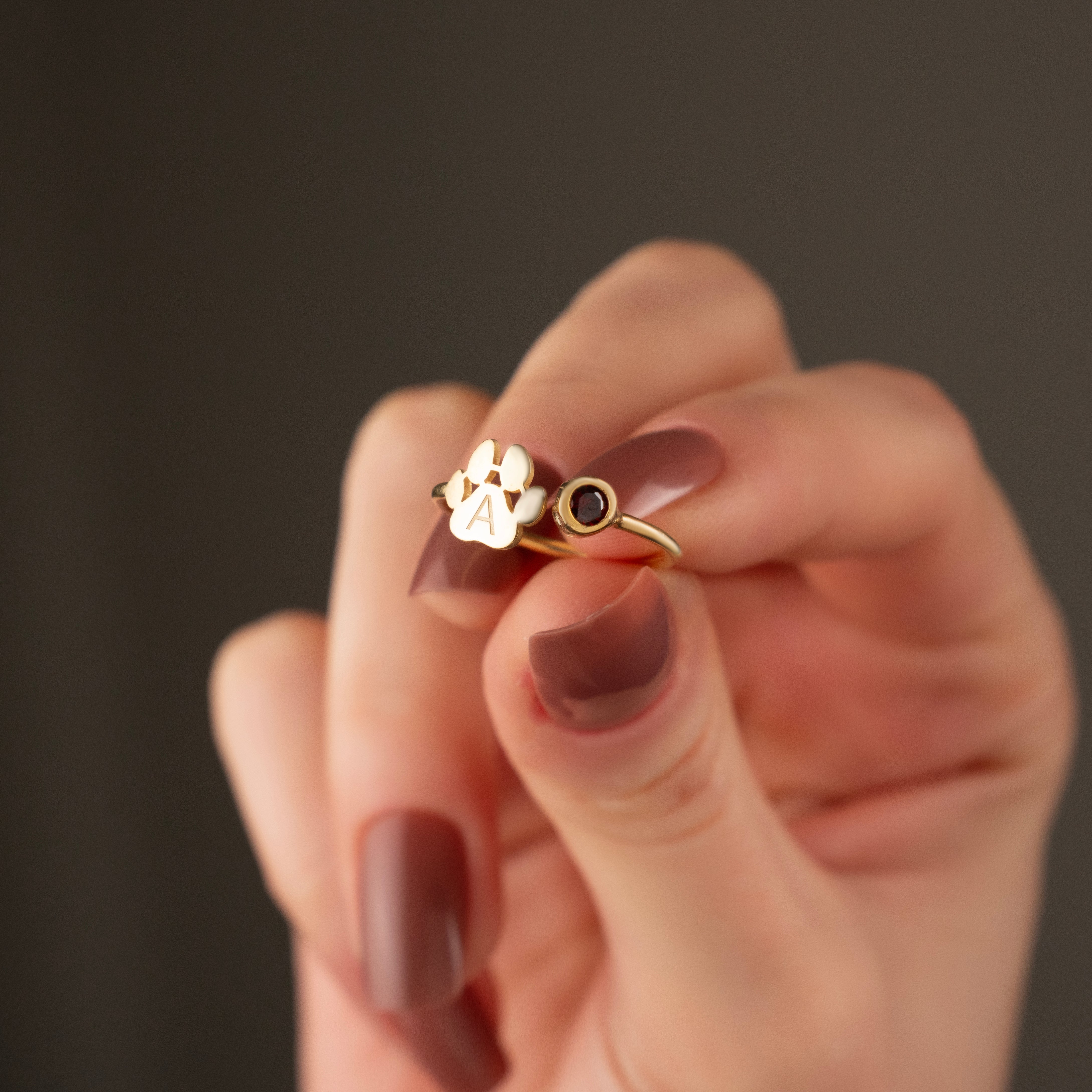 Custom Paw Print Initial Birthstone Ring