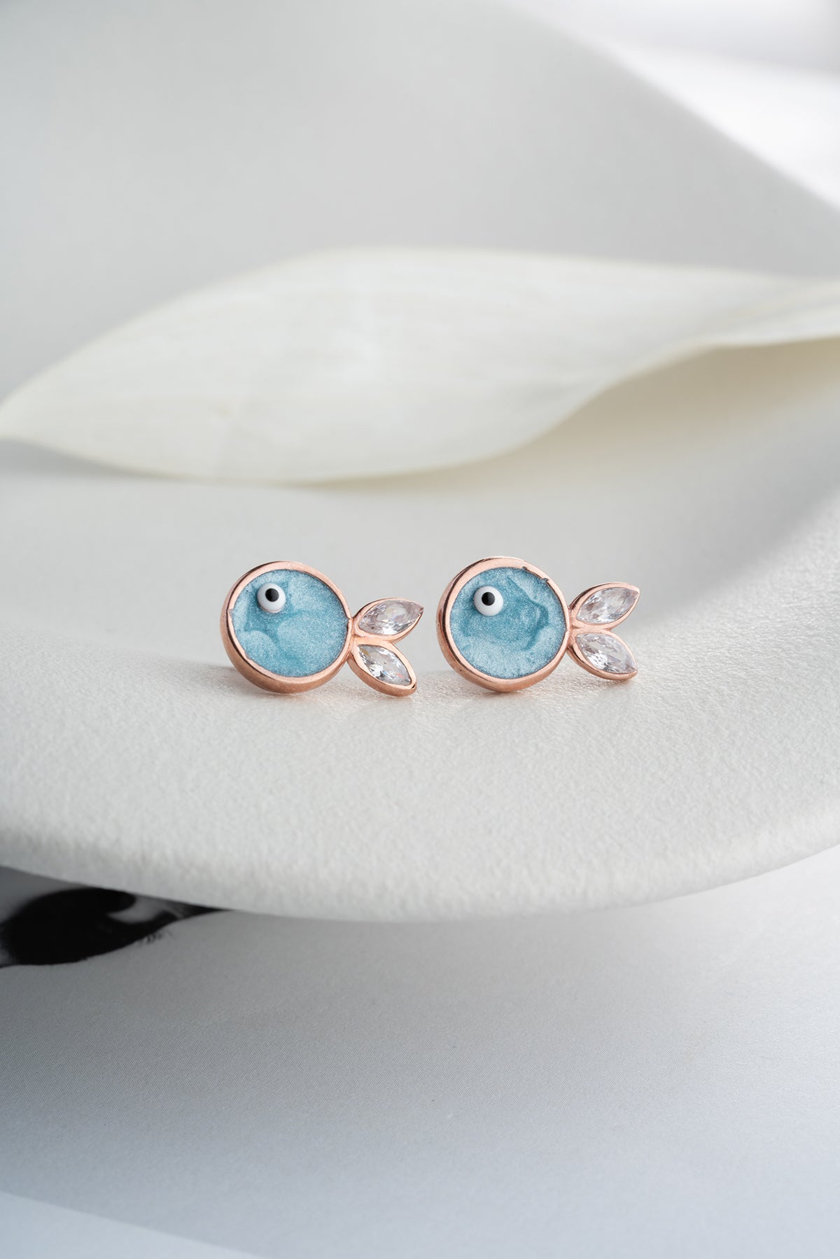 Blue Enamel Fish Stud Earrings in Rose Gold