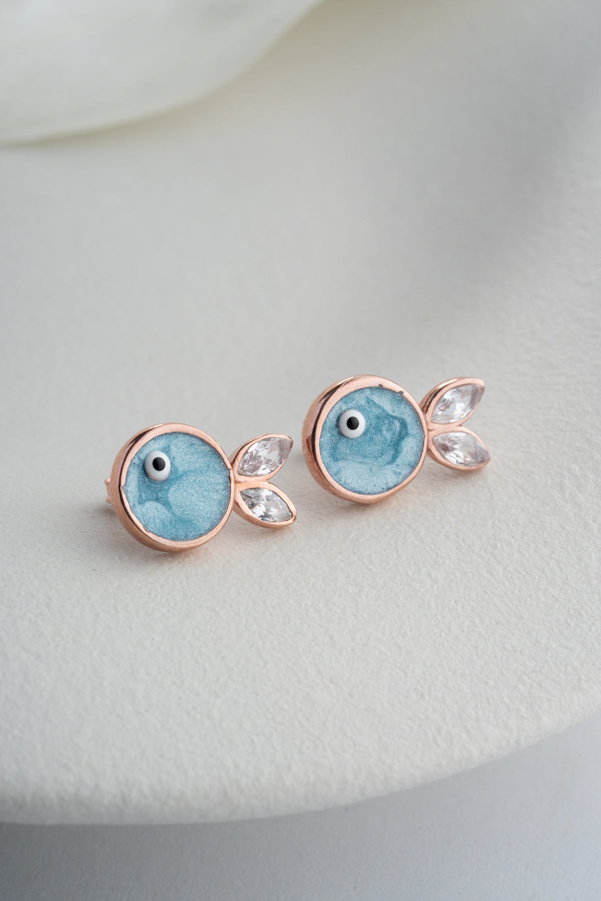 Blue Enamel Fish Stud Earrings in Rose Gold